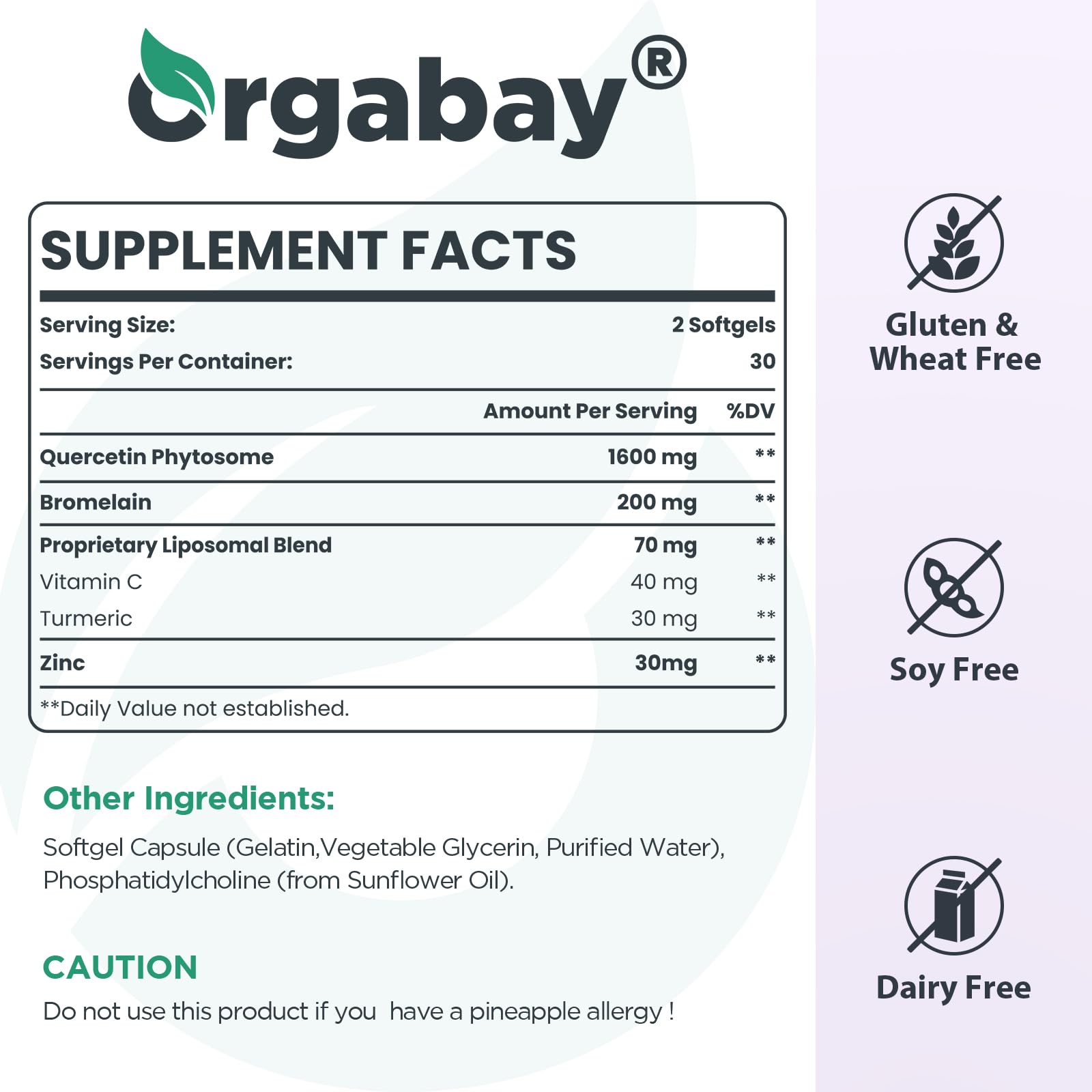 Orgabay Liposomal Quercetin Phytosome 1600 mg – Bromelain 200 mg, Zinc 30 mg, Vitamin C, Turmeric 40 mg | 120 Softgels