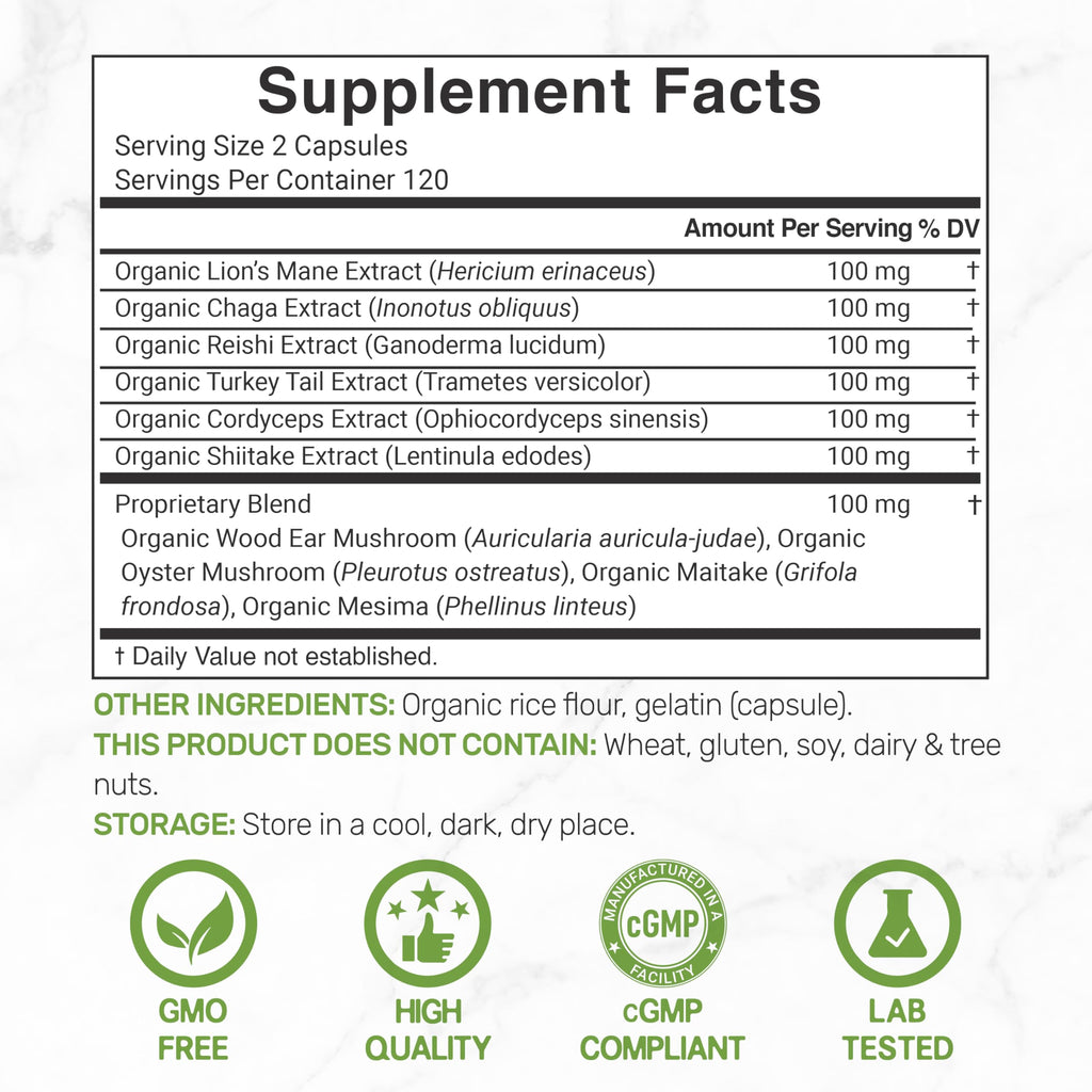 Organic 10-in-1 Mushroom Supplement – 240 Capsules – Immune & Nootropic Support (Non-GMO)