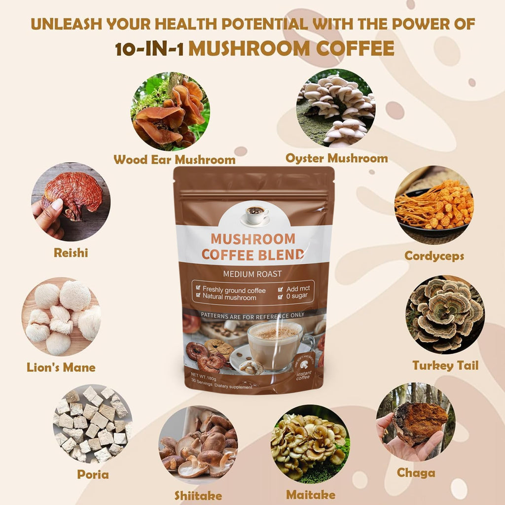 Organic Mushroom Coffee Blend with Lion's Mane, Cordyceps, Reishi, Shiitake & Turkey Tail