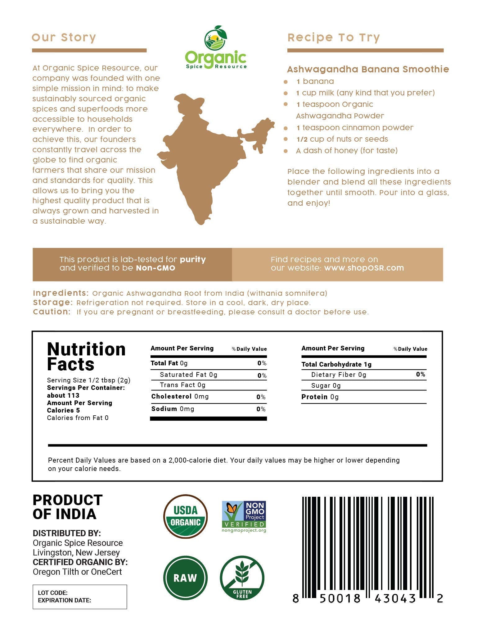 Organic Ashwagandha Root Powder - 8 oz | Lab Tested for Purity | Non-GMO | Resealable Kraft Bag | Withania Somnifera - Indian Ginseng | SHOPOSR