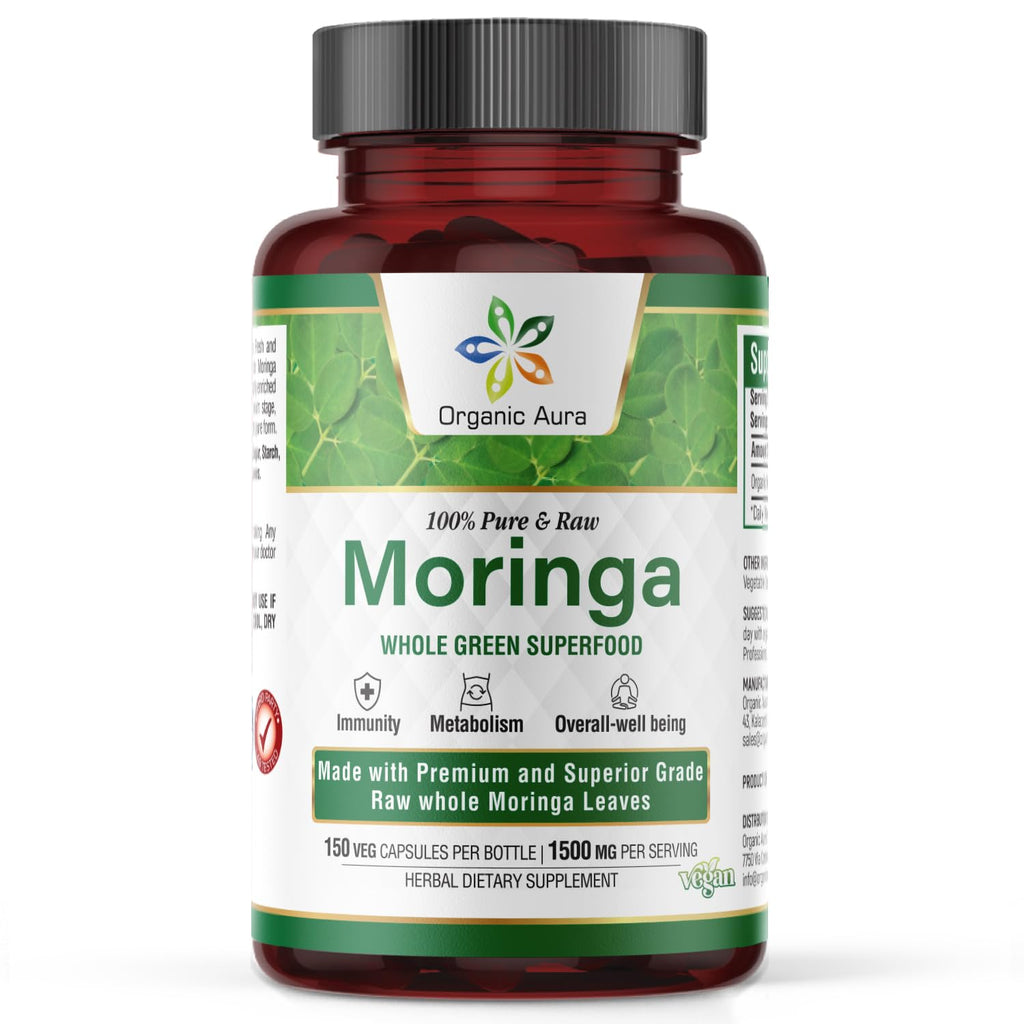 Organic Aura Moringa Leaf Capsules - 1500mg, 150 Veg Capsules, Non-GMO