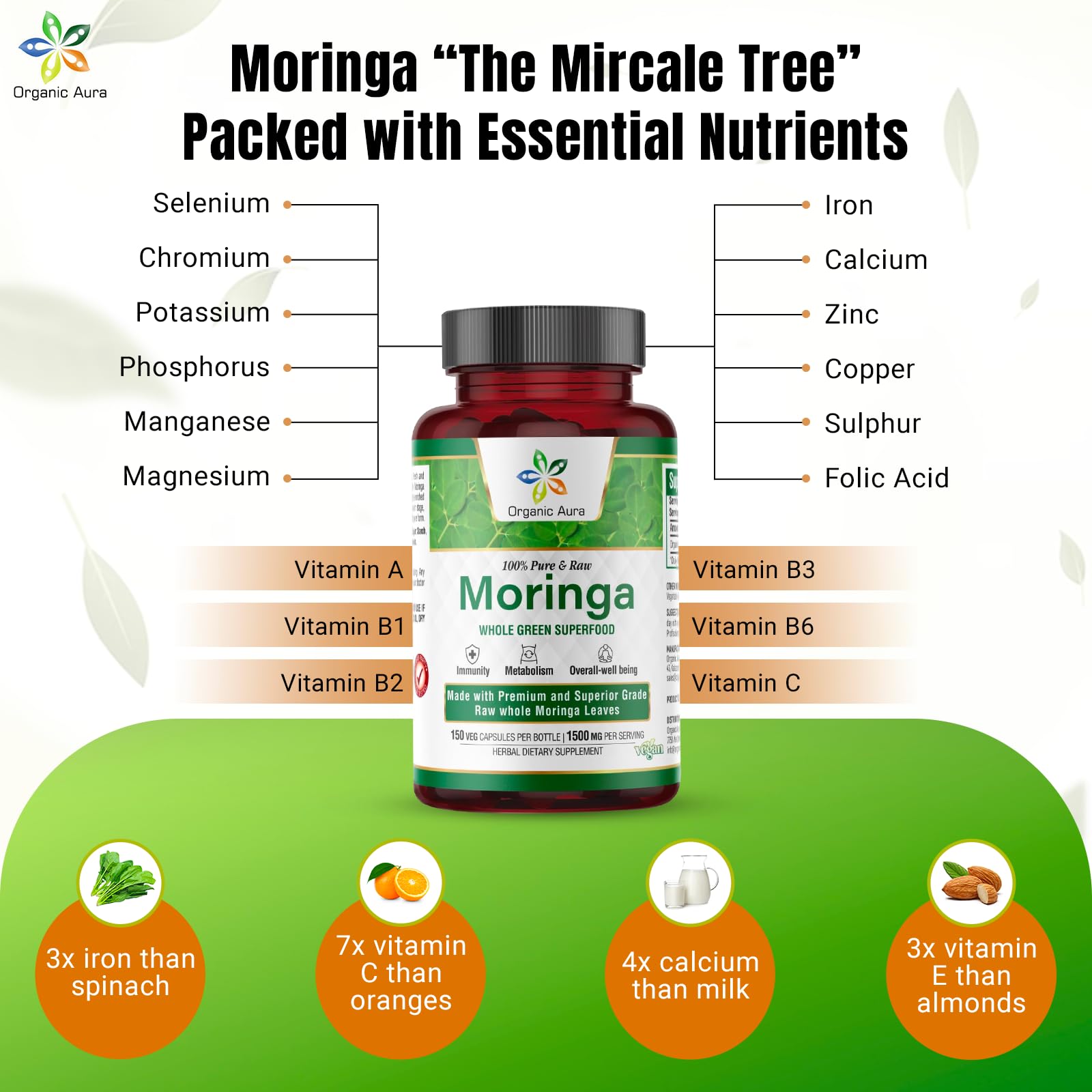 Organic Aura Moringa Leaf Capsules - 1500mg, 150 Veg Capsules, Non-GMO