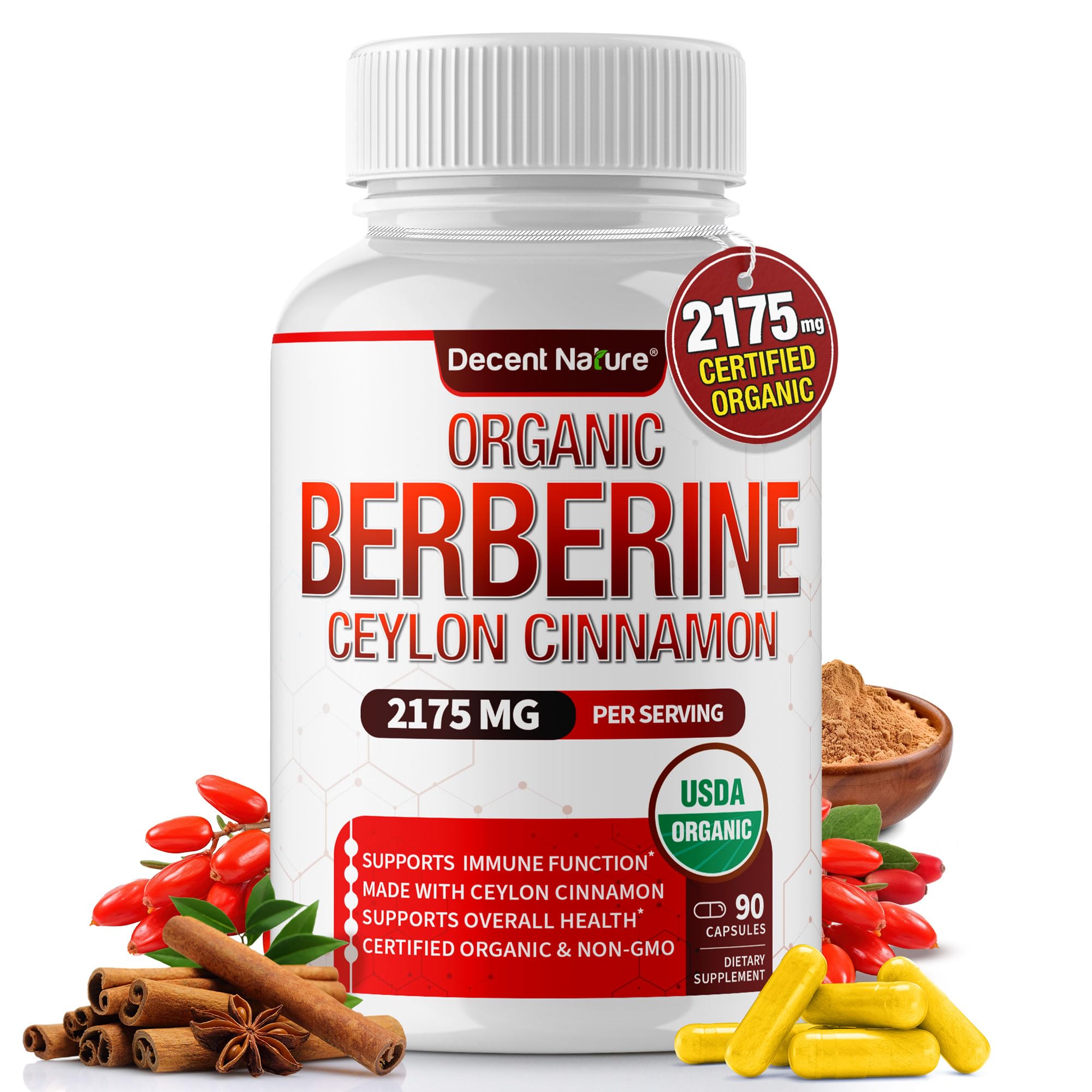 Organic Berberine with Ceylon Cinnamon 2175mg - 90 Capsules | USDA Organic