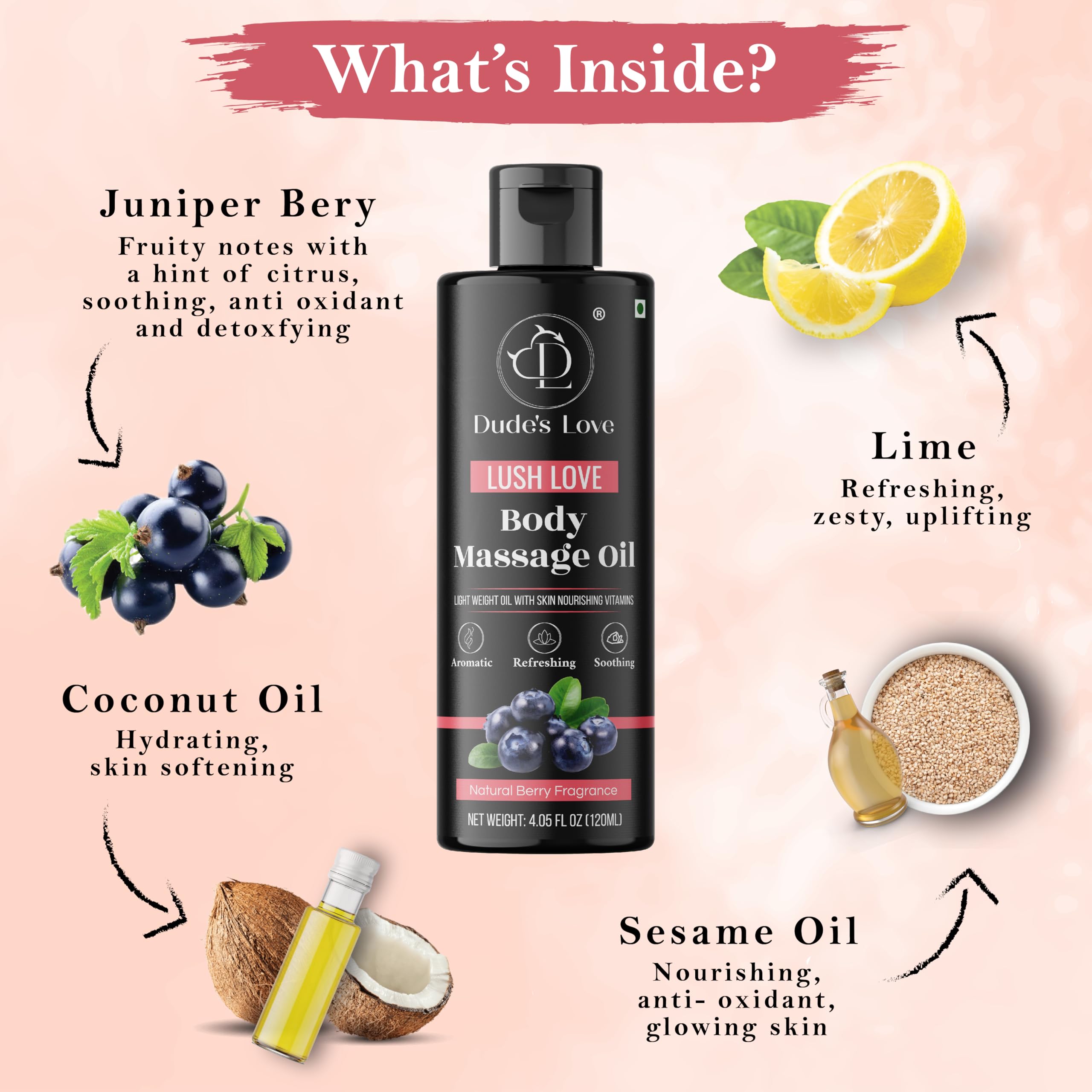 Organic Berry Full Body Massage Oil - Revitalising & Detoxifying | No Stain & Non-Sticky | with Fractionated Coconut Oil, Lime & Juniper Berry Oil - 4.05 Fl Oz