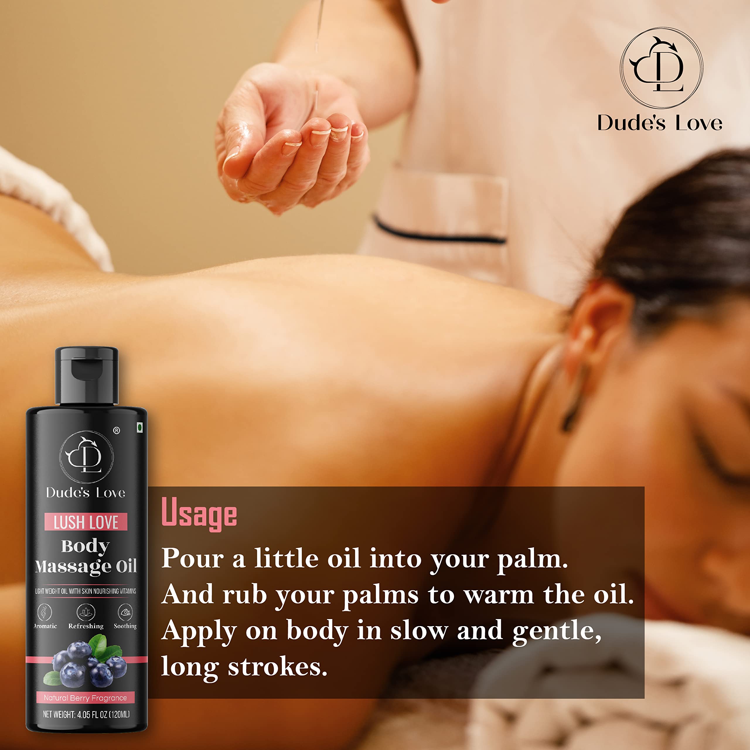 Organic Berry Full Body Massage Oil - Revitalising & Detoxifying | No Stain & Non-Sticky | with Fractionated Coconut Oil, Lime & Juniper Berry Oil - 4.05 Fl Oz
