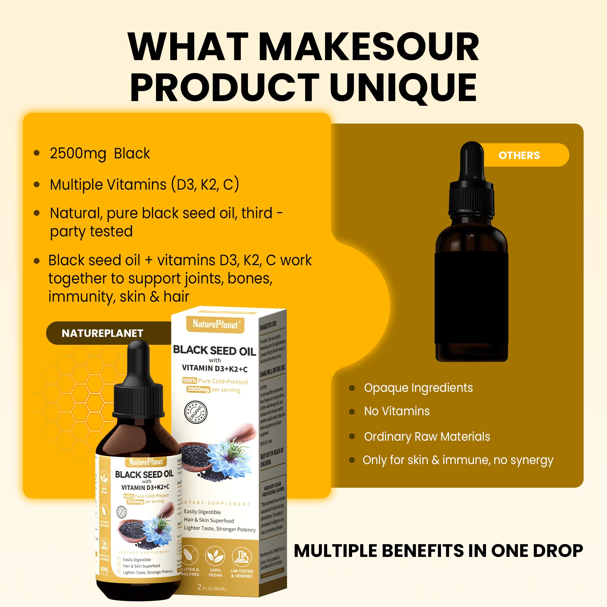 Organic Black Seed Oil Multivitamin Drops with D3, K2 & C | 2 oz (60 ml) Vegan, Gluten-Free