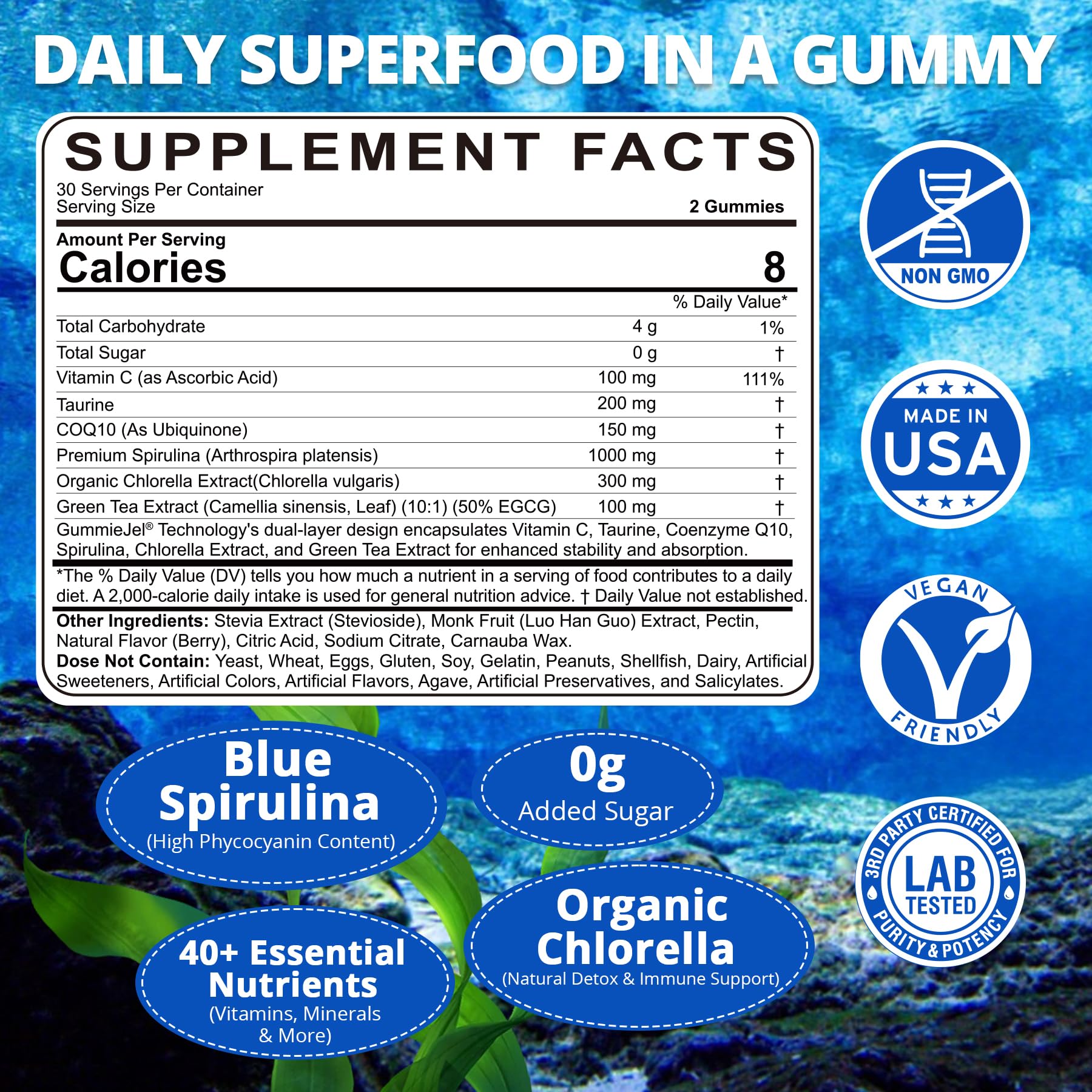Organic Blue Spirulina Gummies – High Phycocyanin, Chlorella & CoQ10 (60 Ct) – Sugar Free