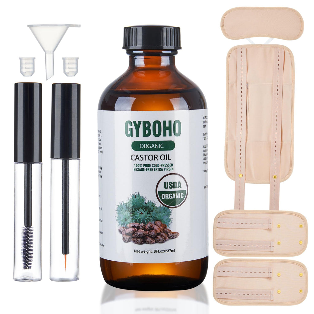 8oz Organic Castor Oil + 4 Reusable Pack Wraps – Eyebrow & Lash Care Kit