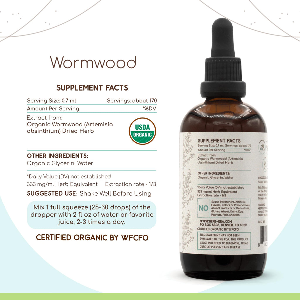 HerbEra Wormwood B120 USDA Organic Tincture - Alcohol-Free, High-Potency Herbal Drops (4 oz)