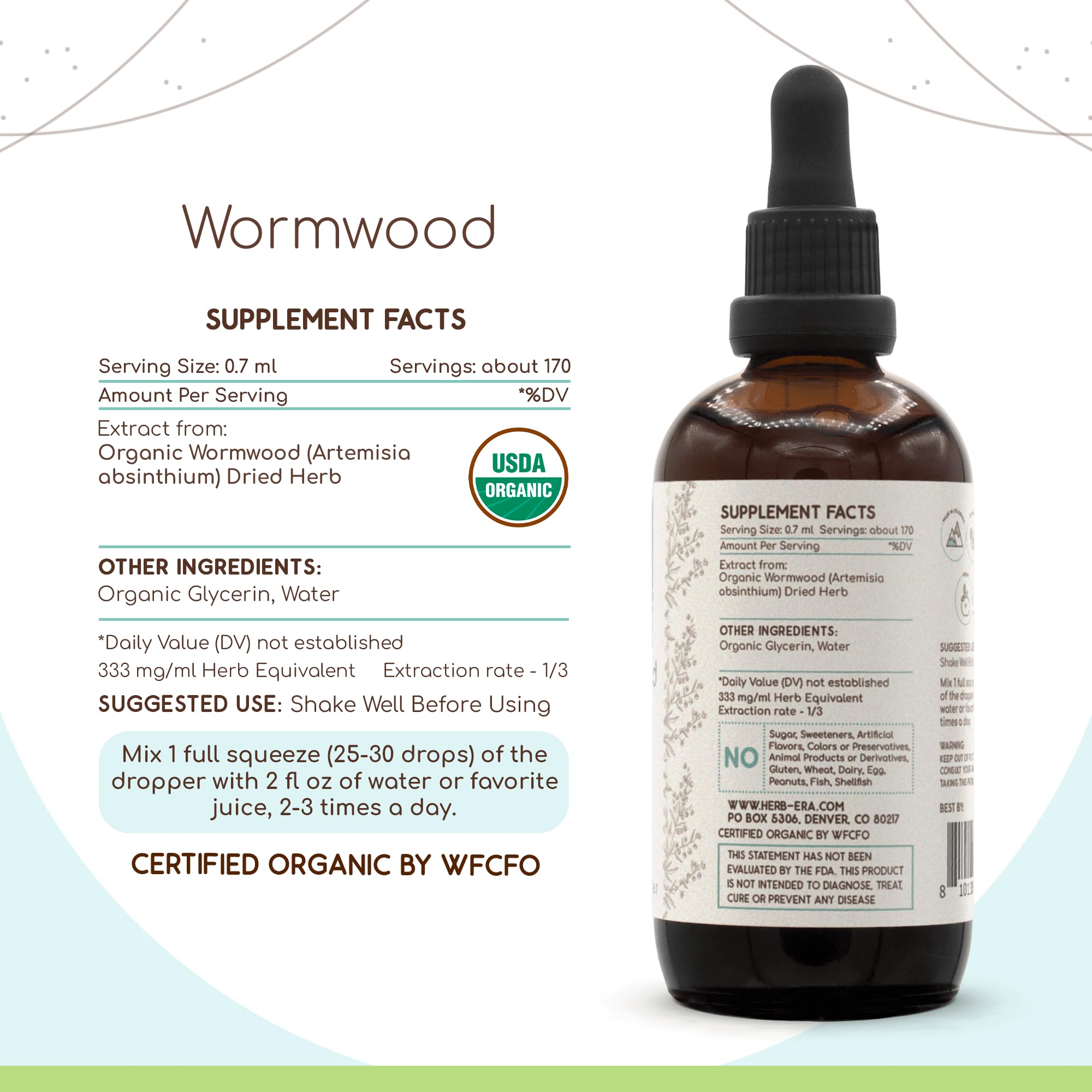 HerbEra Wormwood B120 USDA Organic Tincture - Alcohol-Free, High-Potency Herbal Drops (4 oz)