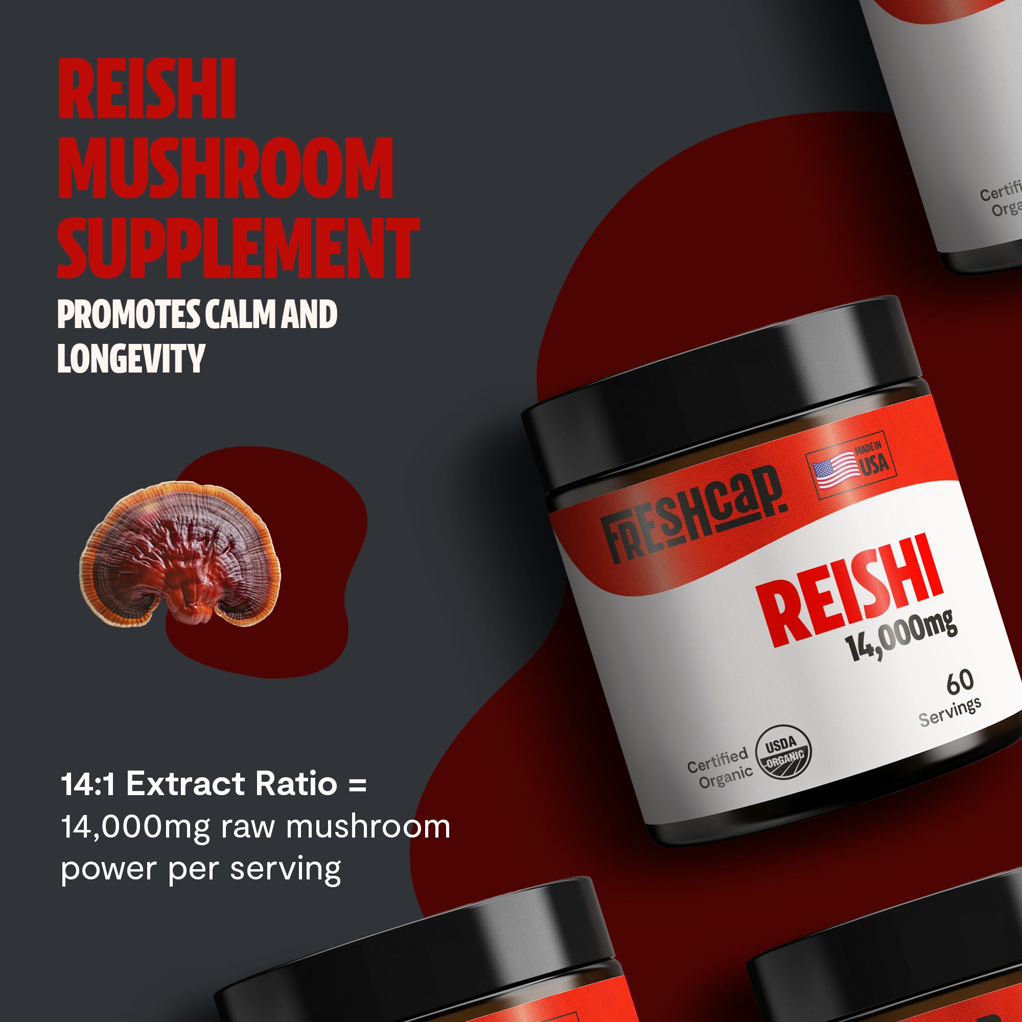 FreshCap Mushrooms Reishi Powder — 14,000mg Organic Dual-Extract, 60 Servings
