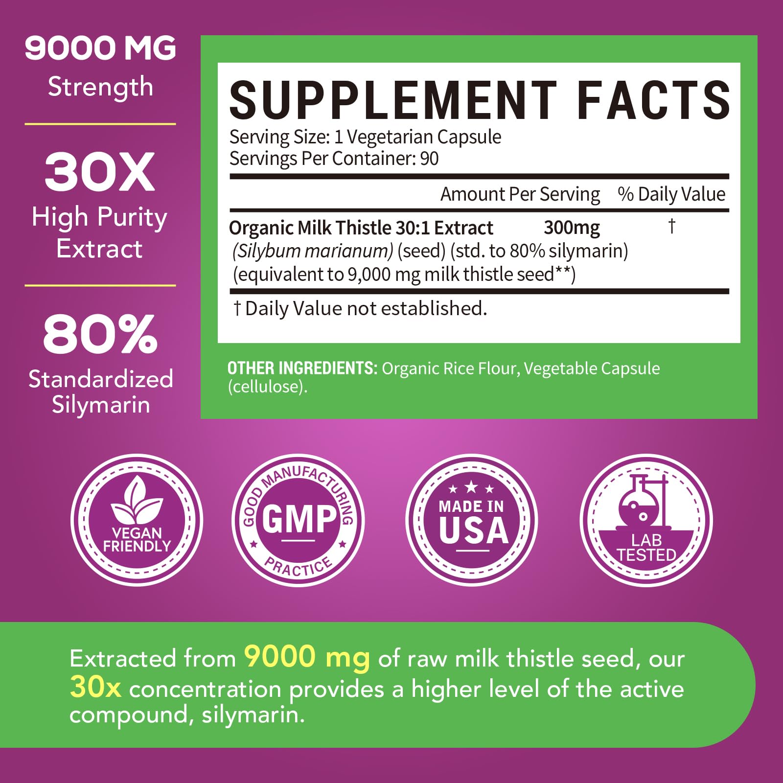 Organic Milk Thistle 9000 mg Equivalent – 30X Extract, 80% Silymarin, Liver Support, 90 Veggie Caps