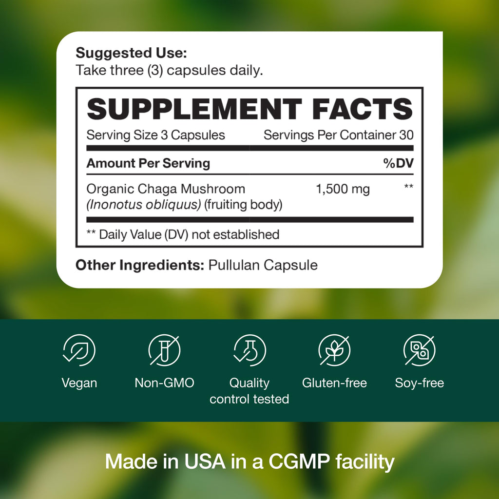 Organic Chaga Mushrooms – DNA Verified 1500mg per Serving – Non-GMO, Gluten & Soy Free, Vegan (Pack of 2)