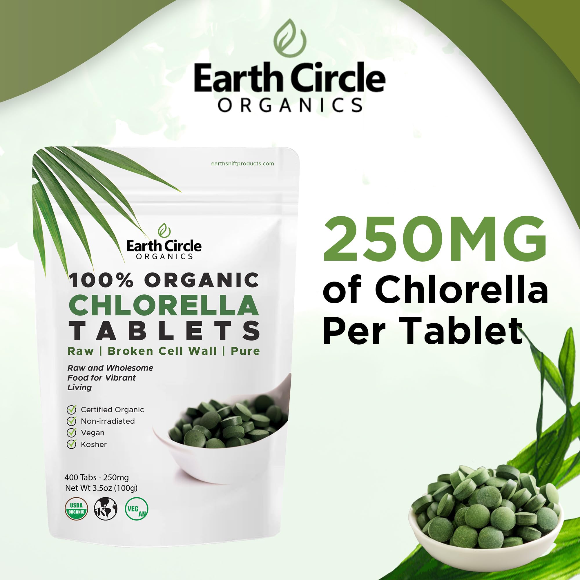 Earth Circle Organics Organic Chlorella Tablets 400 Count – High Potency, Broken Cell Wall, Vegan & Kosher | Pack of 3