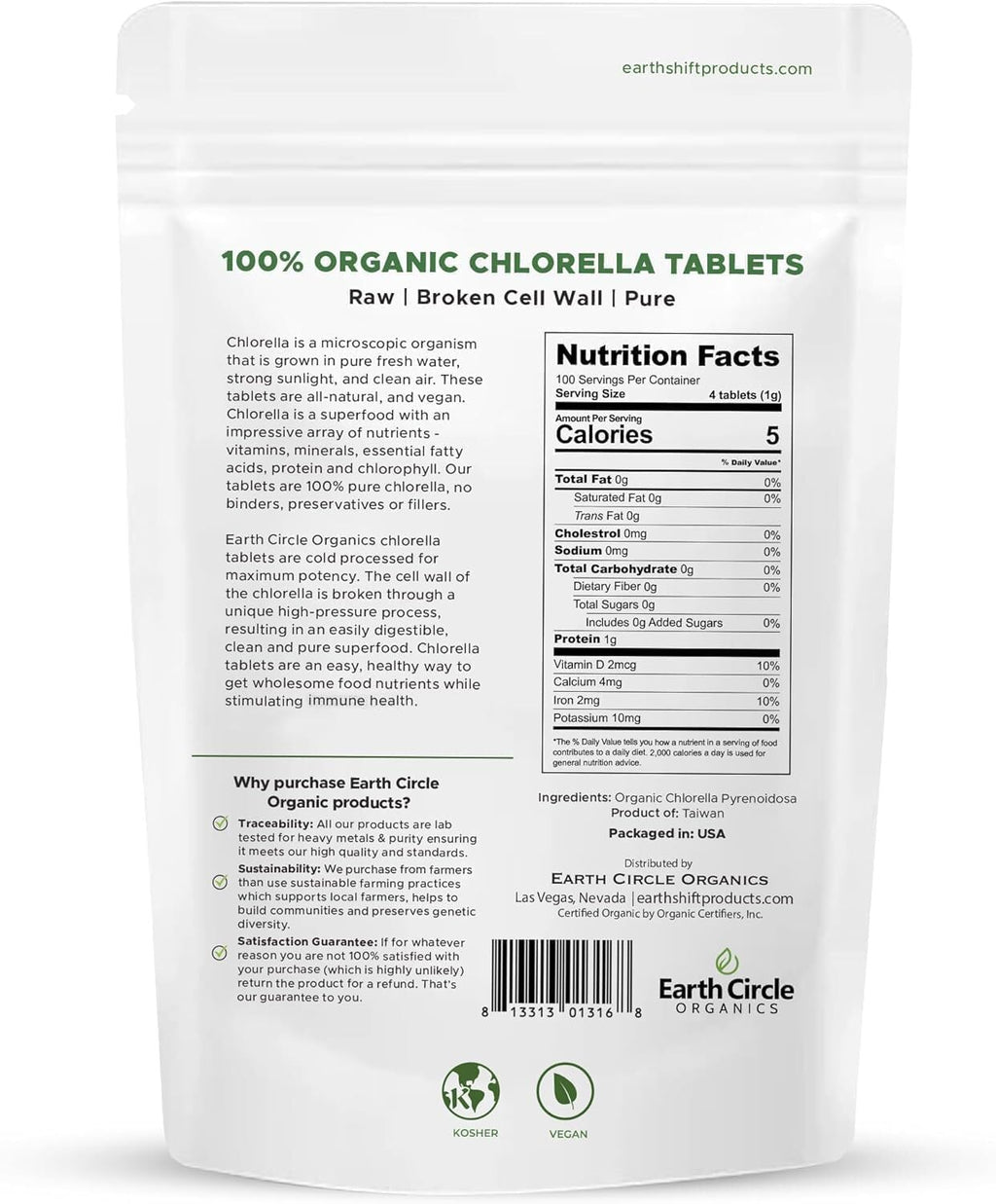 Earth Circle Organics Organic Chlorella Tablets 400 Count – High Potency, Broken Cell Wall, Vegan & Kosher | Pack of 3