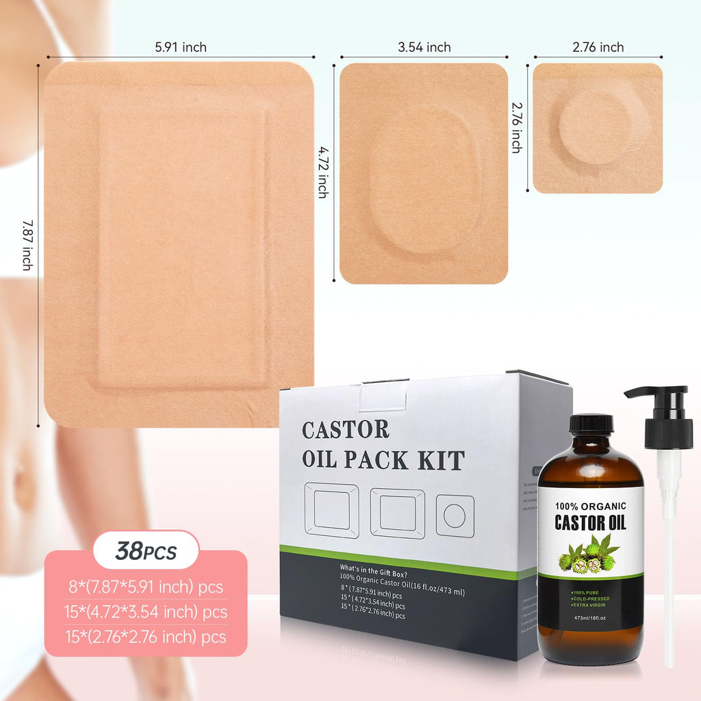 Castor Oil Pack Set - 38 Patches, 16oz Organic Cold-Pressed Castor Oil