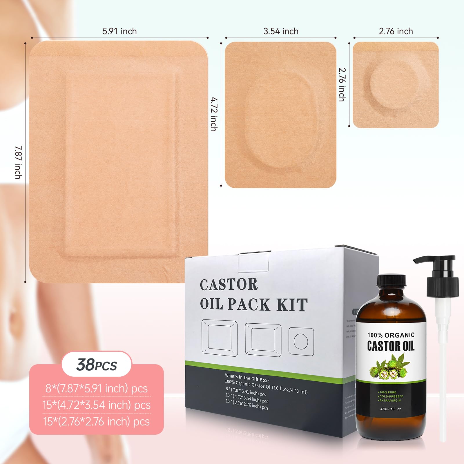 Castor Oil Pack Set - 38 Patches, 16oz Organic Cold-Pressed Castor Oil
