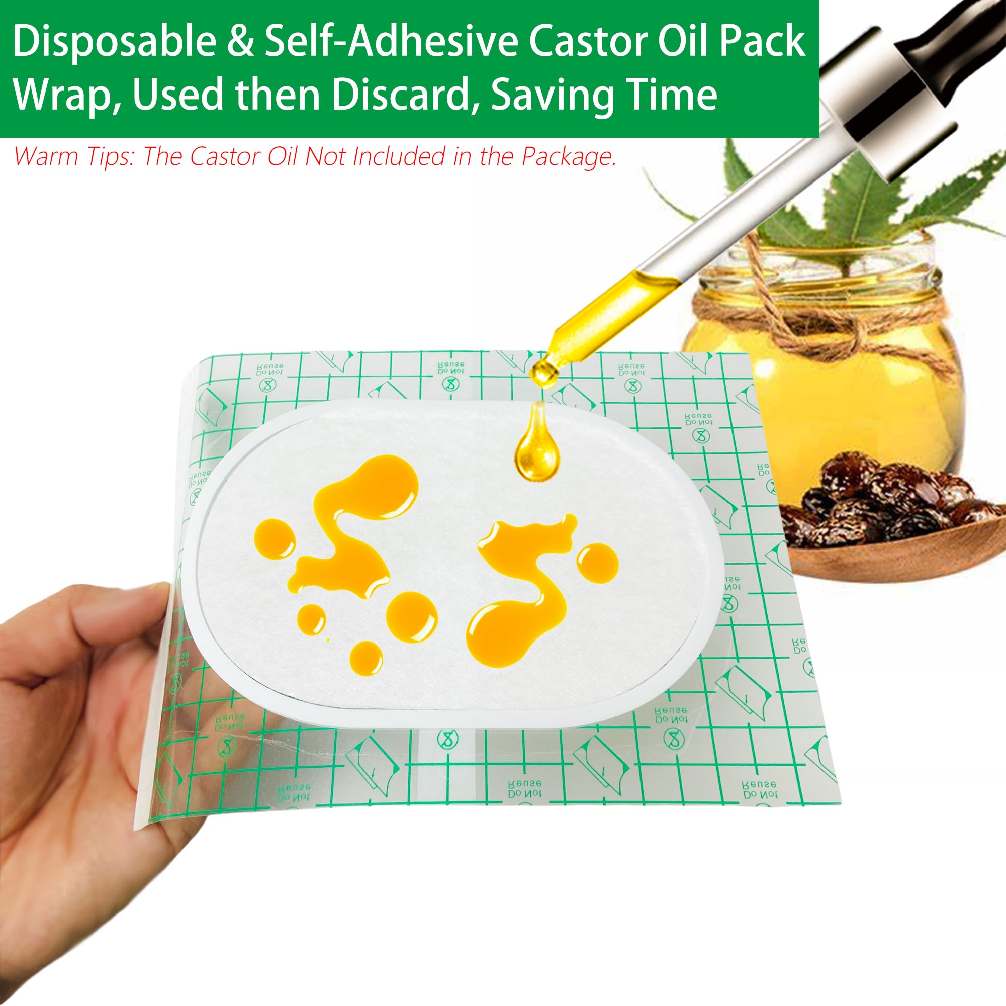 20 Pack Disposable Castor Oil Pack Wraps – 8x6 in, Soft PU Film, Anti-Leak, No Wash Castor Oil Pads for Sensitive Skin