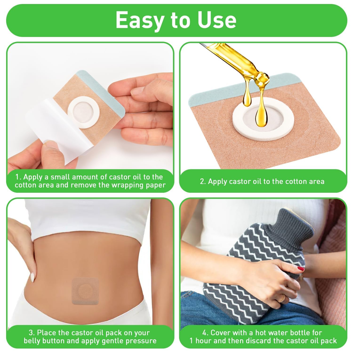 Belly Button Castor Oil Patch - 100 Pcs Disposable Pack Wraps, Organic Cotton Self-Adhesive