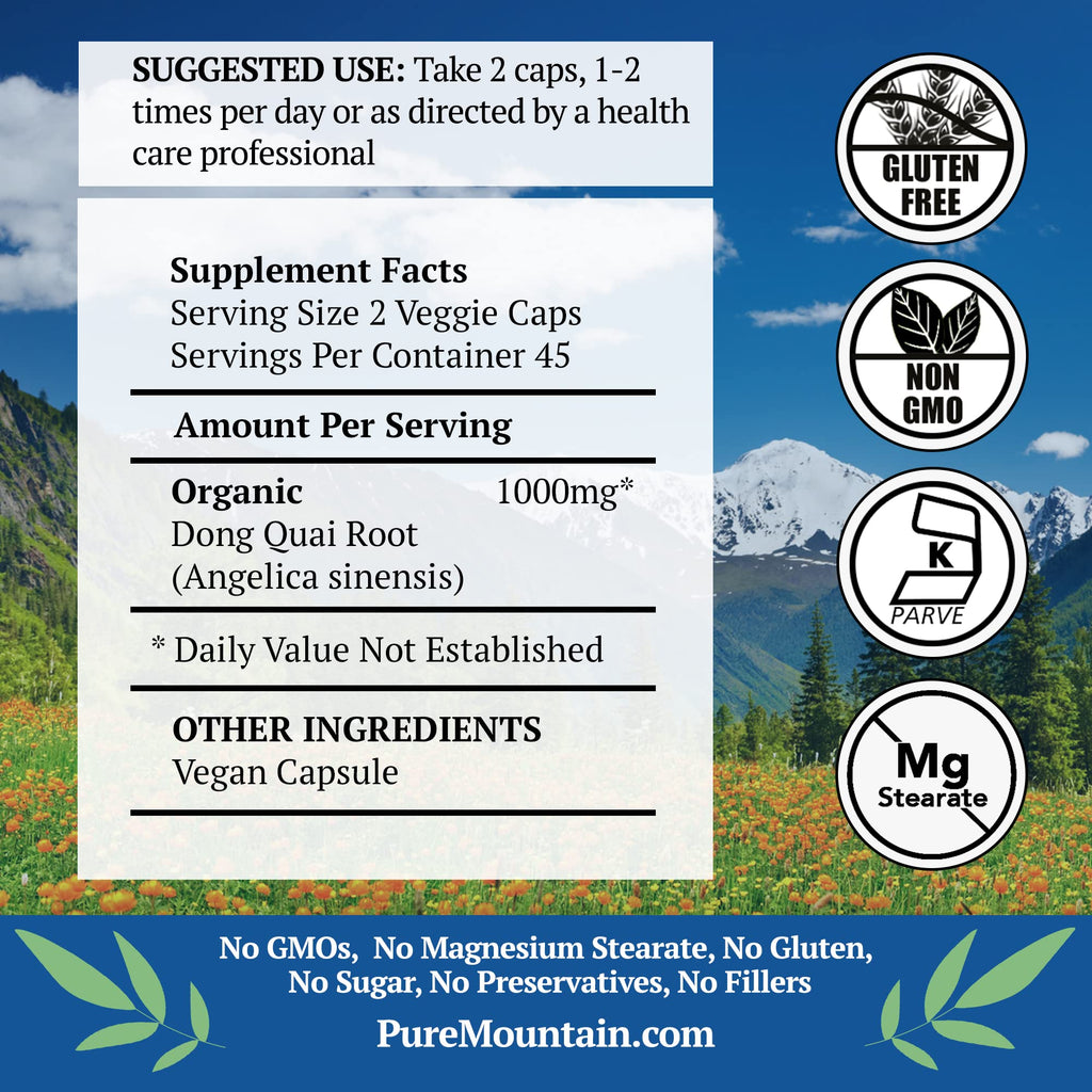 Pure Mountain Botanicals Dong Quai Capsules – 500mg Organic Dong Quai Root, Kosher & Vegan