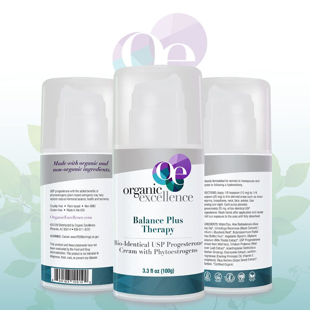 Organic Excellence Balance Plus Therapy – USP Bioidentical Organic Progesterone Cream with Phytoestrogens | Menopause Hormone Balance, 3.3 fl oz