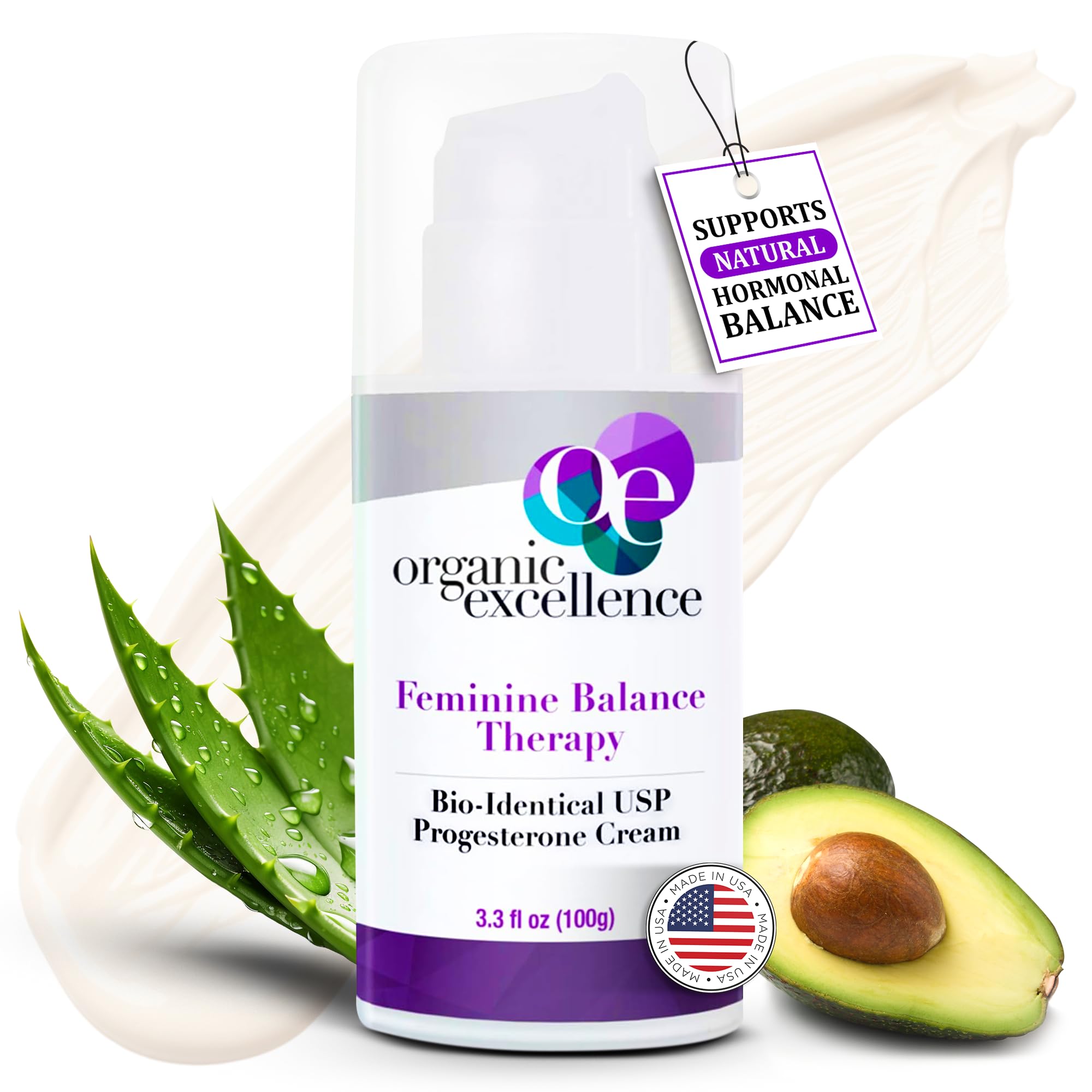 Organic Excellence Progesterone Cream for Women - Natural Bio-Identical Hormonal Balance, 3.3 fl oz