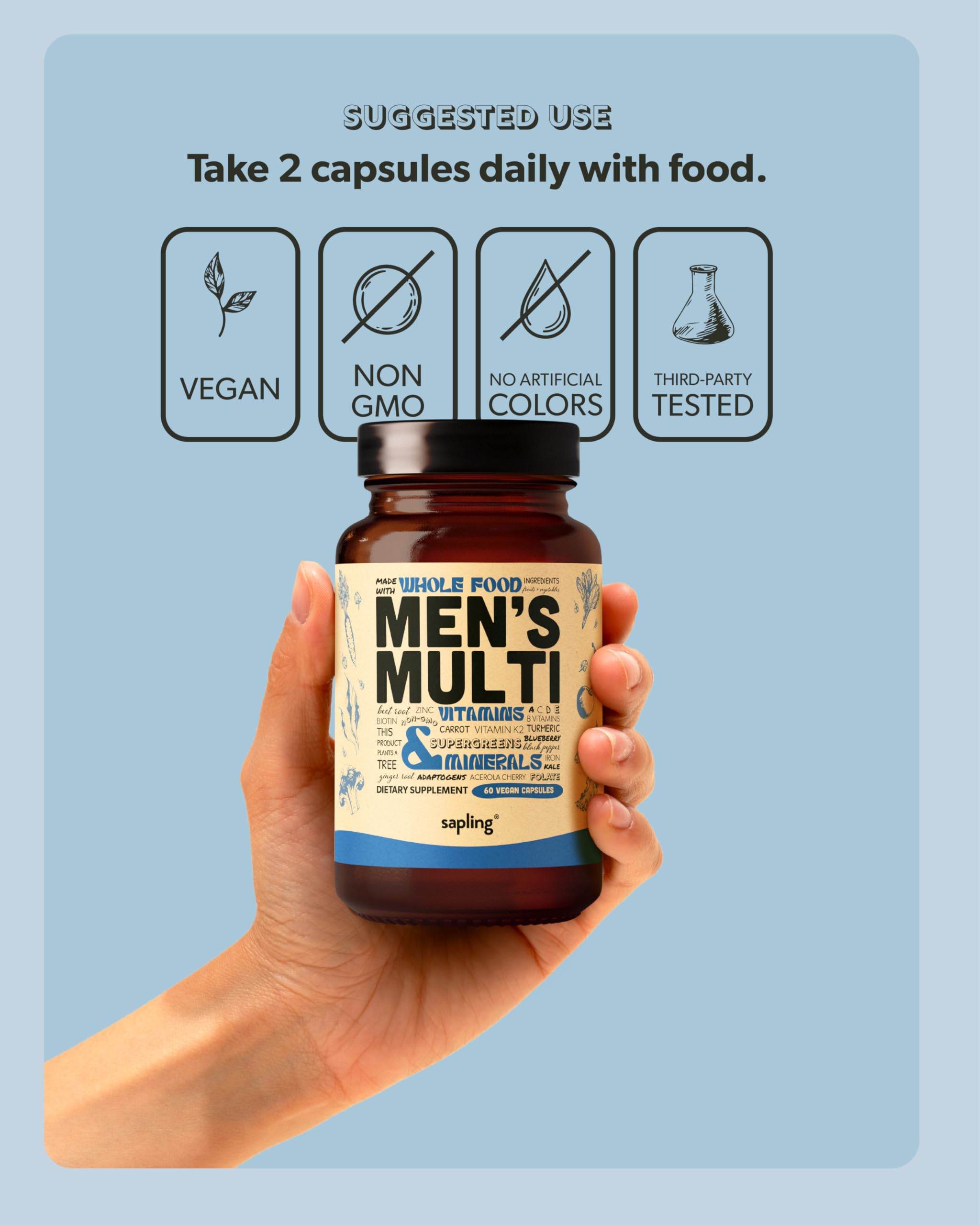 Multivitamin for Men | Daily Methylated B Complex, Whole Food Ingredients | Vegan & Non-GMO | 60 Caps
