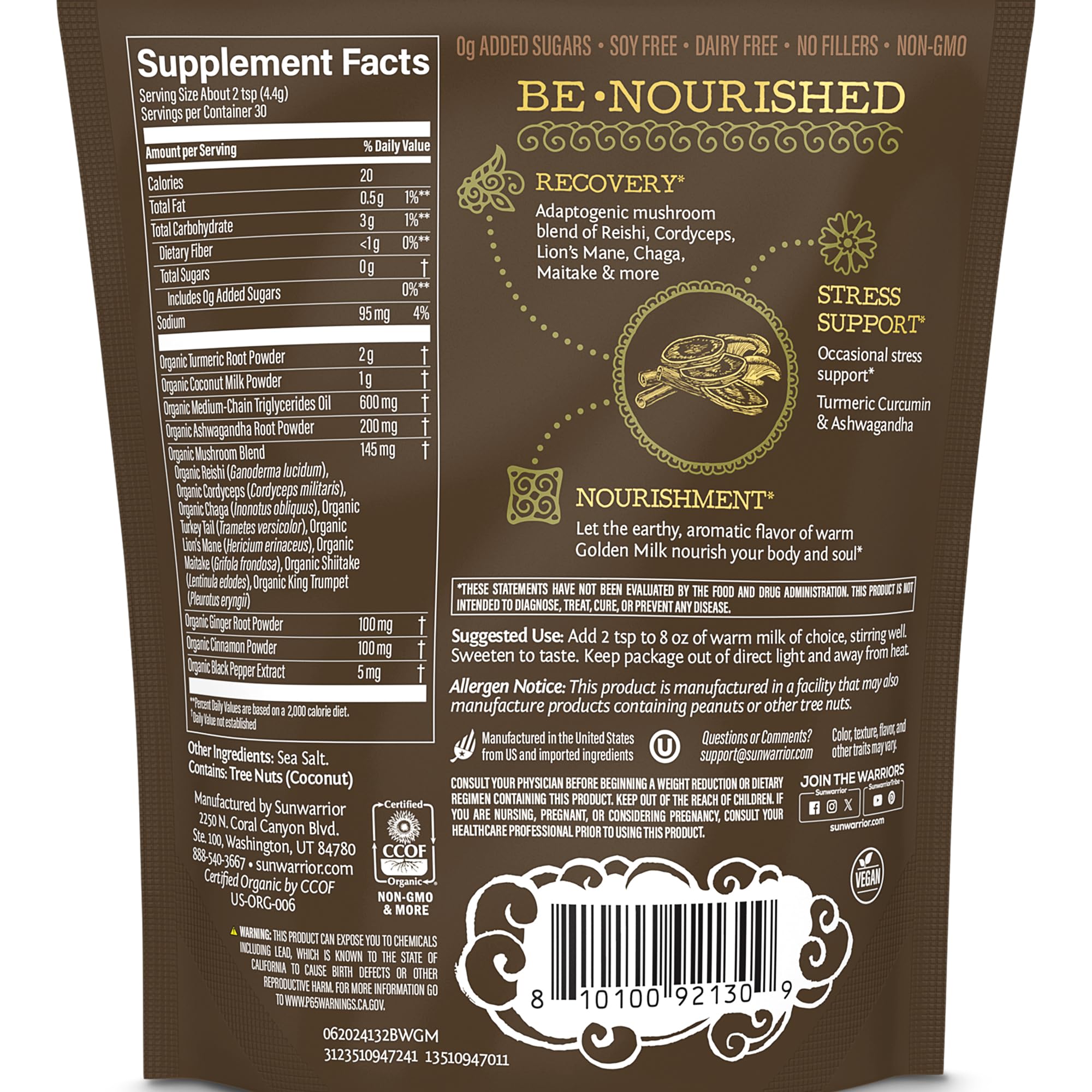 Organic Golden Milk Powder Ashwaghanda Turmeric Curcumin 90g pouch (30 srv)