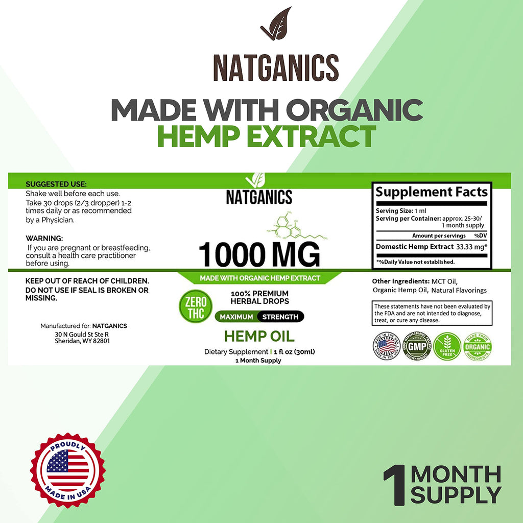 Organic Hemp Oil 1000mg - Ultra Premium CO2-Extracted Hemp Oil Drops | Made in USA