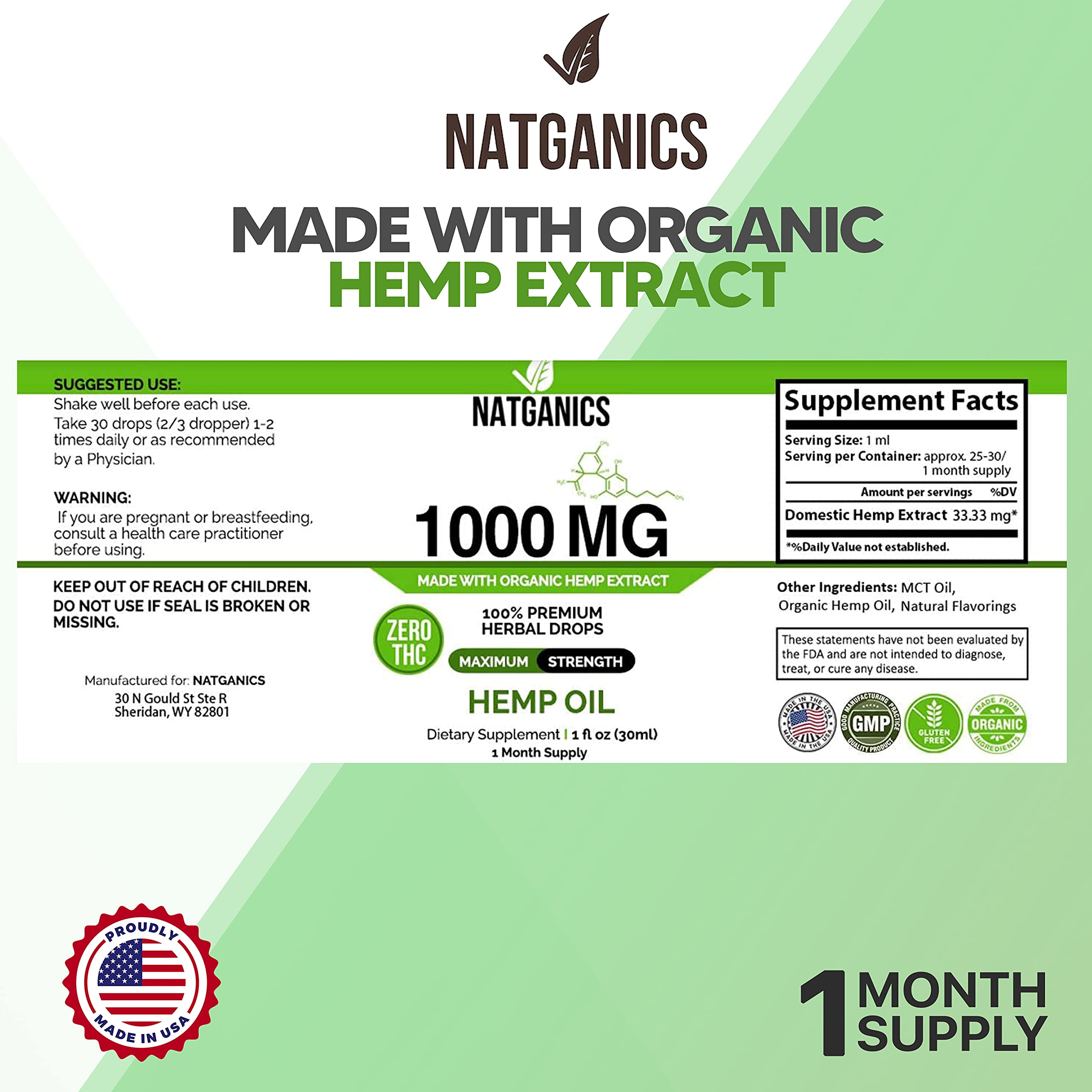 Organic Hemp Oil 1000mg - Ultra Premium CO2-Extracted Hemp Oil Drops | Made in USA