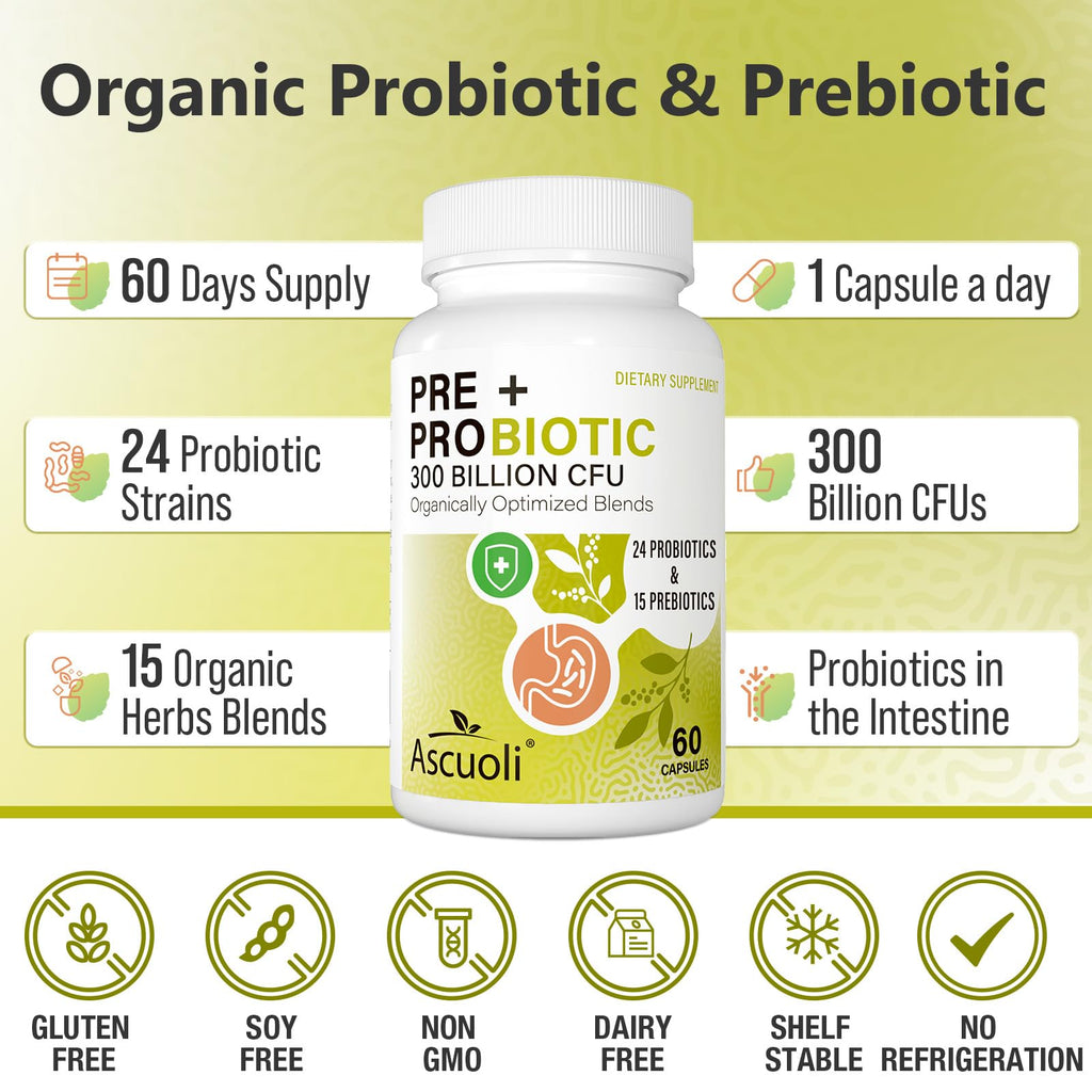 Ascuoli Probiotics for Women & Men – 300B CFU, 24 Strains, 15 Organic Herbs, 120 Veg Capsules