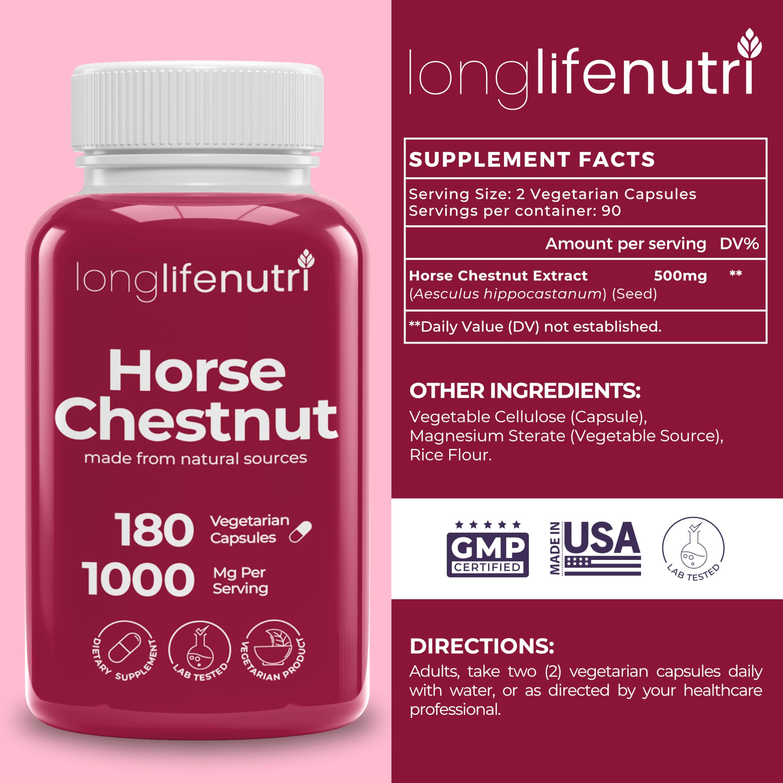 Horse Chestnut Extract 500mg - 180 Veg Capsules | Organic Daily Wellness & Circulation | Made in USA
