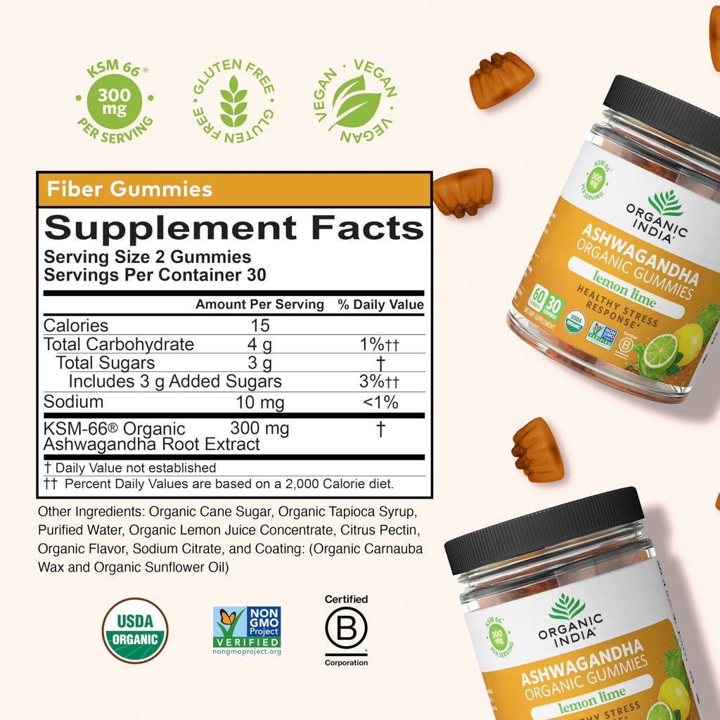 ORGANIC INDIA Ashwagandha Gummies - KSM-66 Stress Support, Lemon Lime, 60 Gummies