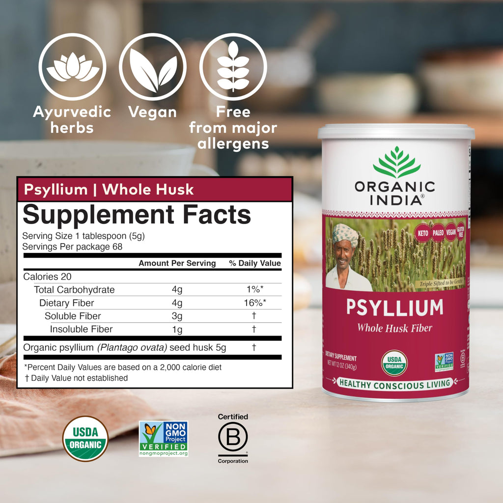 Organic India Psyllium Husk Powder - Whole Fiber, Digestion Support (12 oz x2)