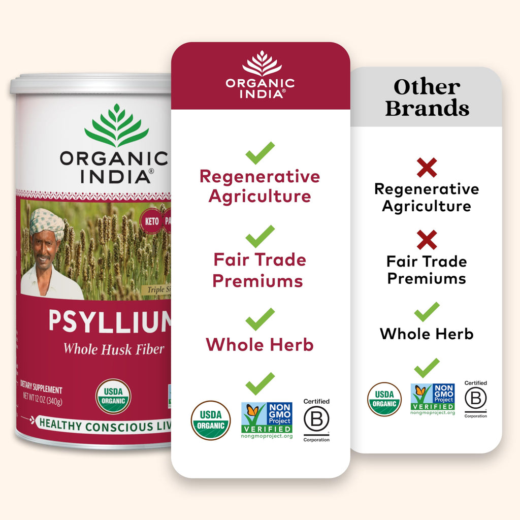 Organic India Psyllium Herbal Powder – Whole Husk Fiber, 12 oz Canister, 3 Pack | Keto, Vegan, Gluten-Free, USDA Organic