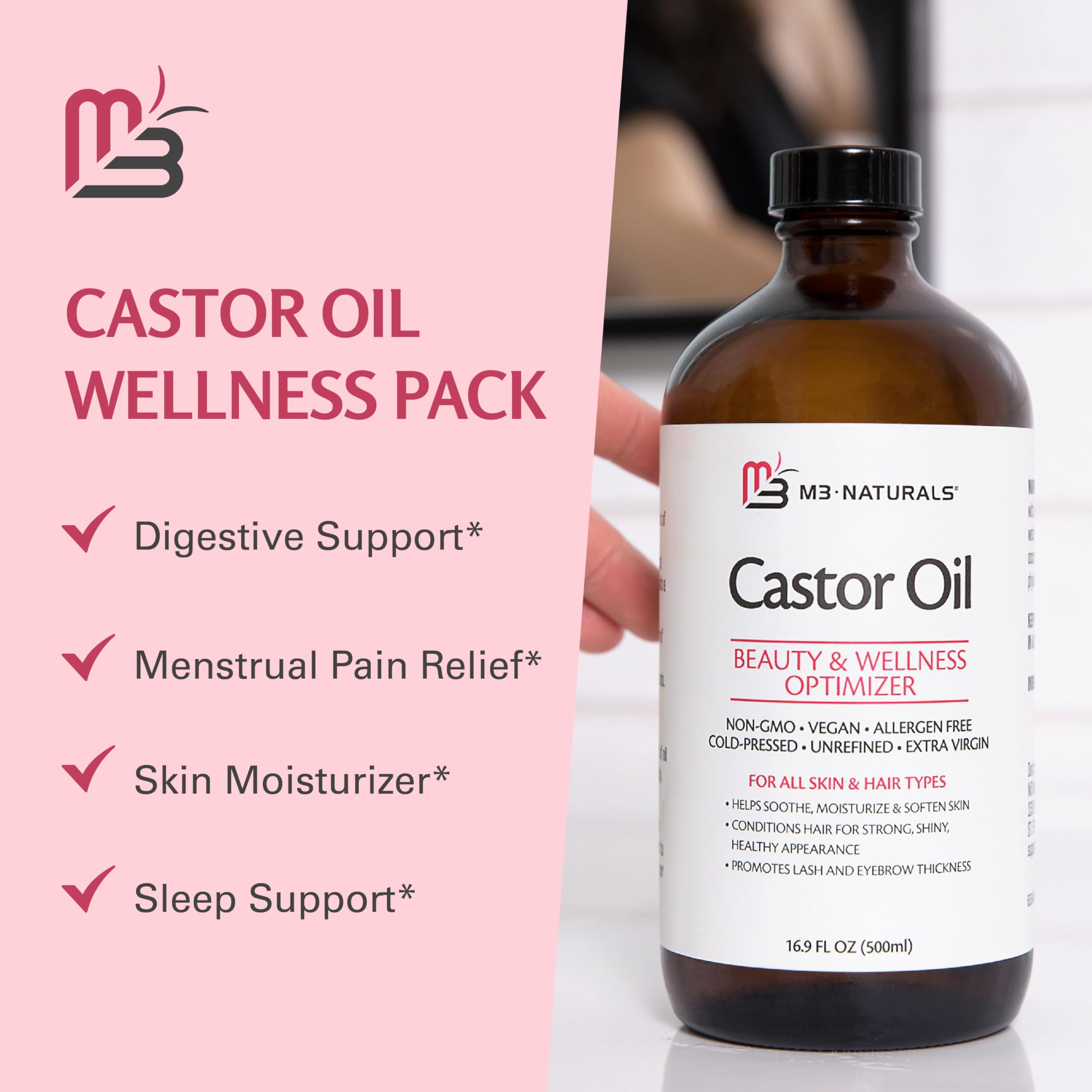 Pure Castor Oil Pack Kit, Large – Hexane-Free Cold-Pressed Castor Oil in Glass Bottle with Adjustable Reusable Organic Cotton Wrap | M3 Naturals