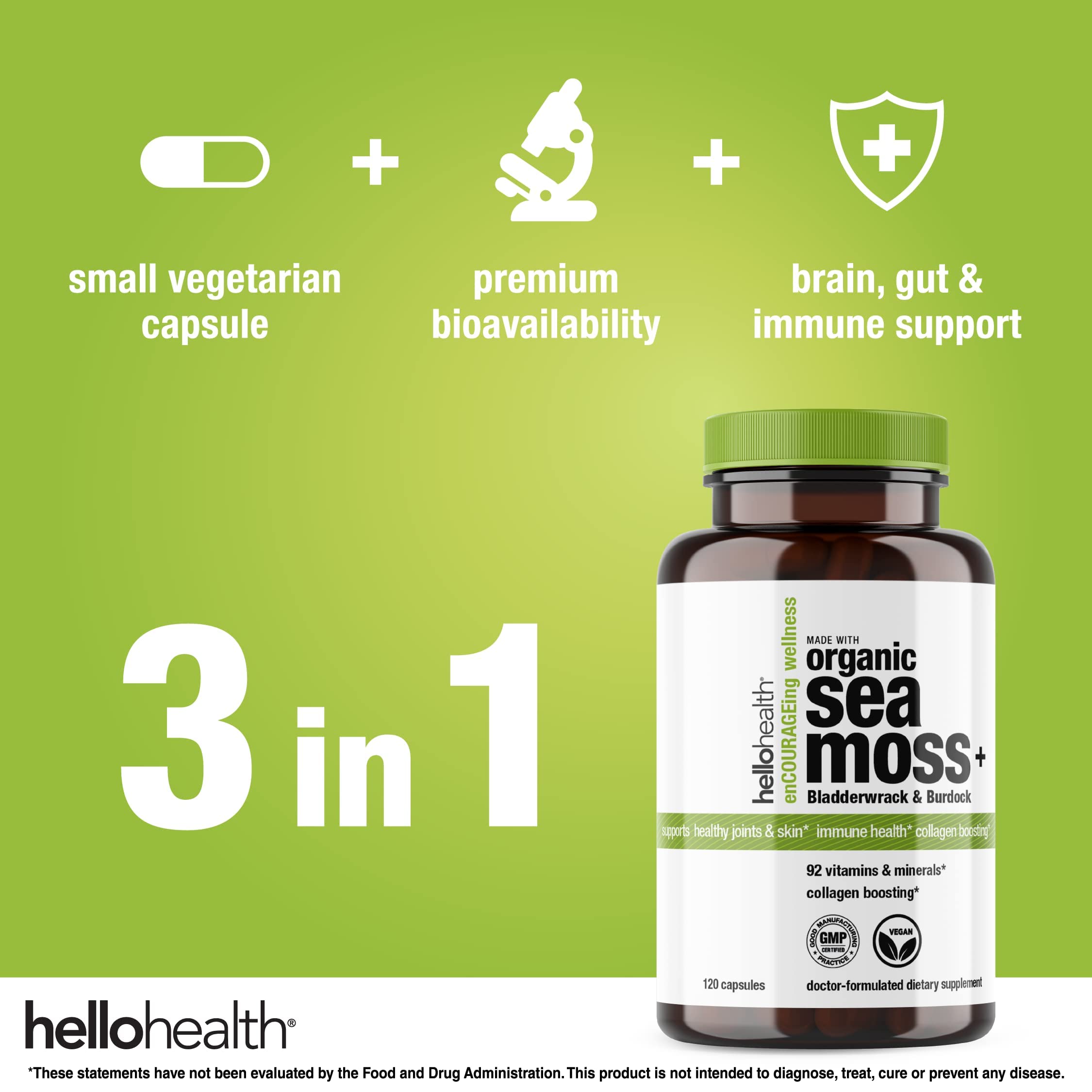 Organic Irish Sea Moss Capsules - Wildcrafted Sea Moss, Burdock Root & Bladderwrack for Immune & Thyroid Support (120 Caps)