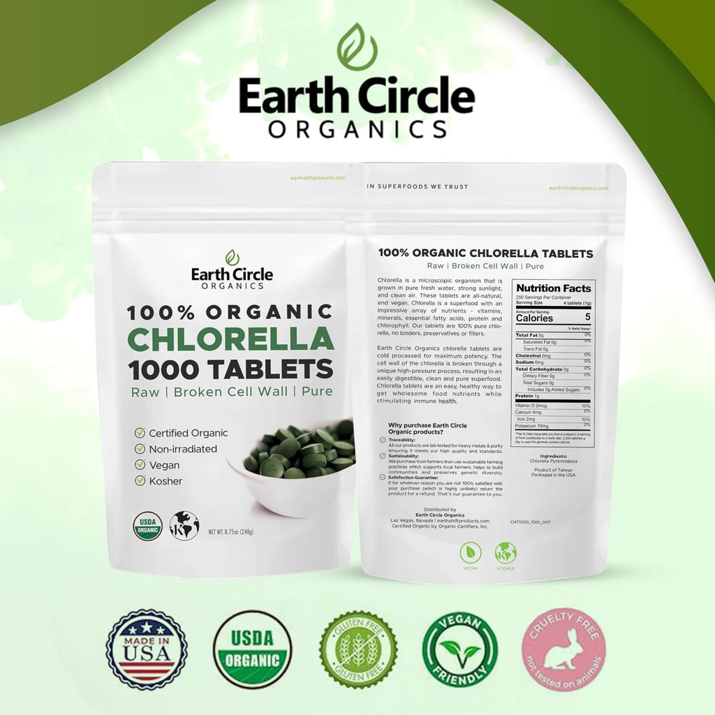 Organic Chlorella Tablets 1,000 Count | High Potency Superfood | Vegan, Kosher, Non-GMO