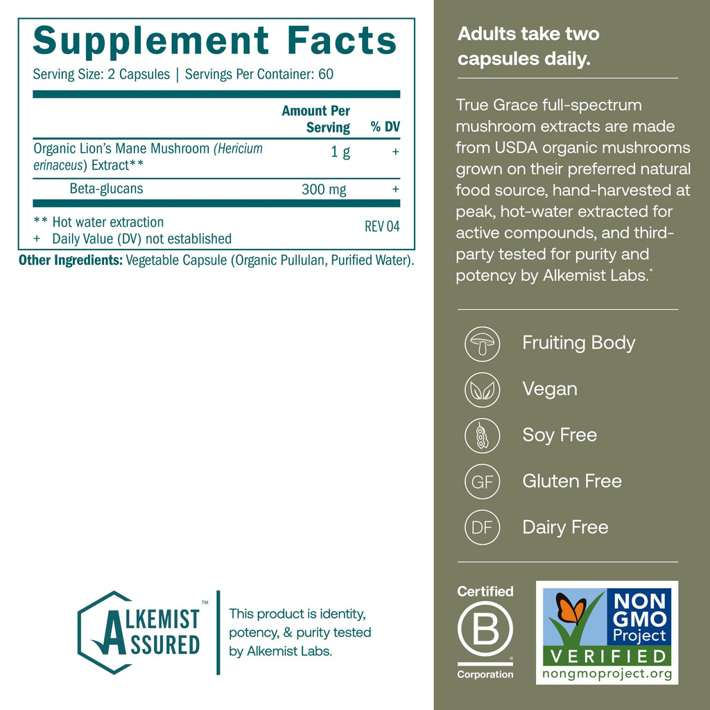 True Grace Lion's Mane Mushroom – Brain, Nerve & Cognitive Support | 120 Count Capsules | Organic