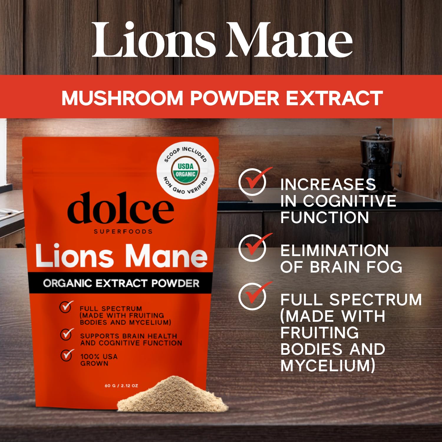 Organic Lion’s Mane Mushroom Powder – Focus & Memory Support (2.12oz)