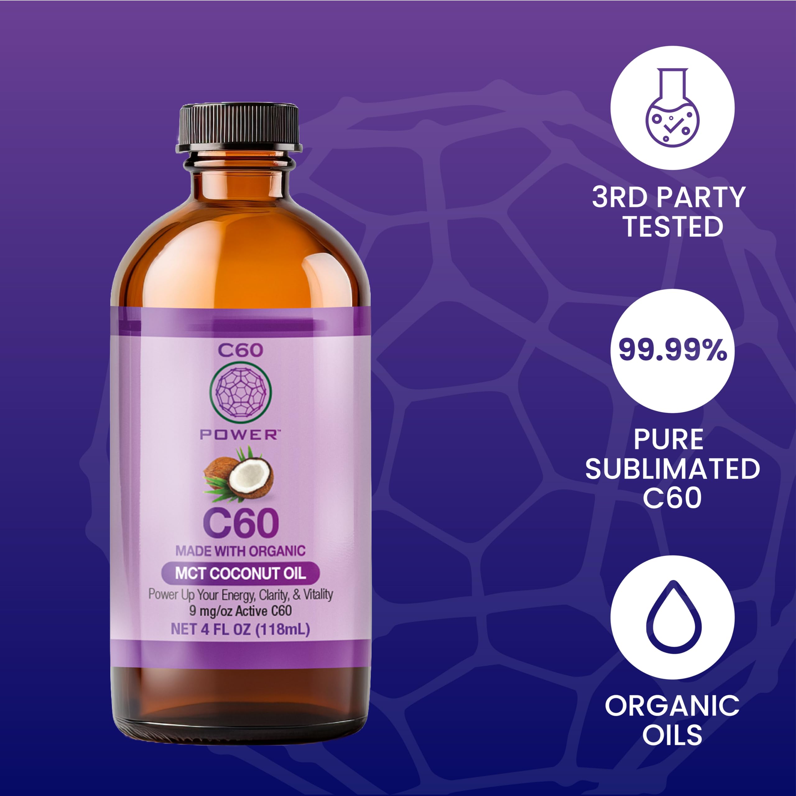 C60 Purple Power in Organic MCT Coconut Oil – Energy & Clarity (4 oz)