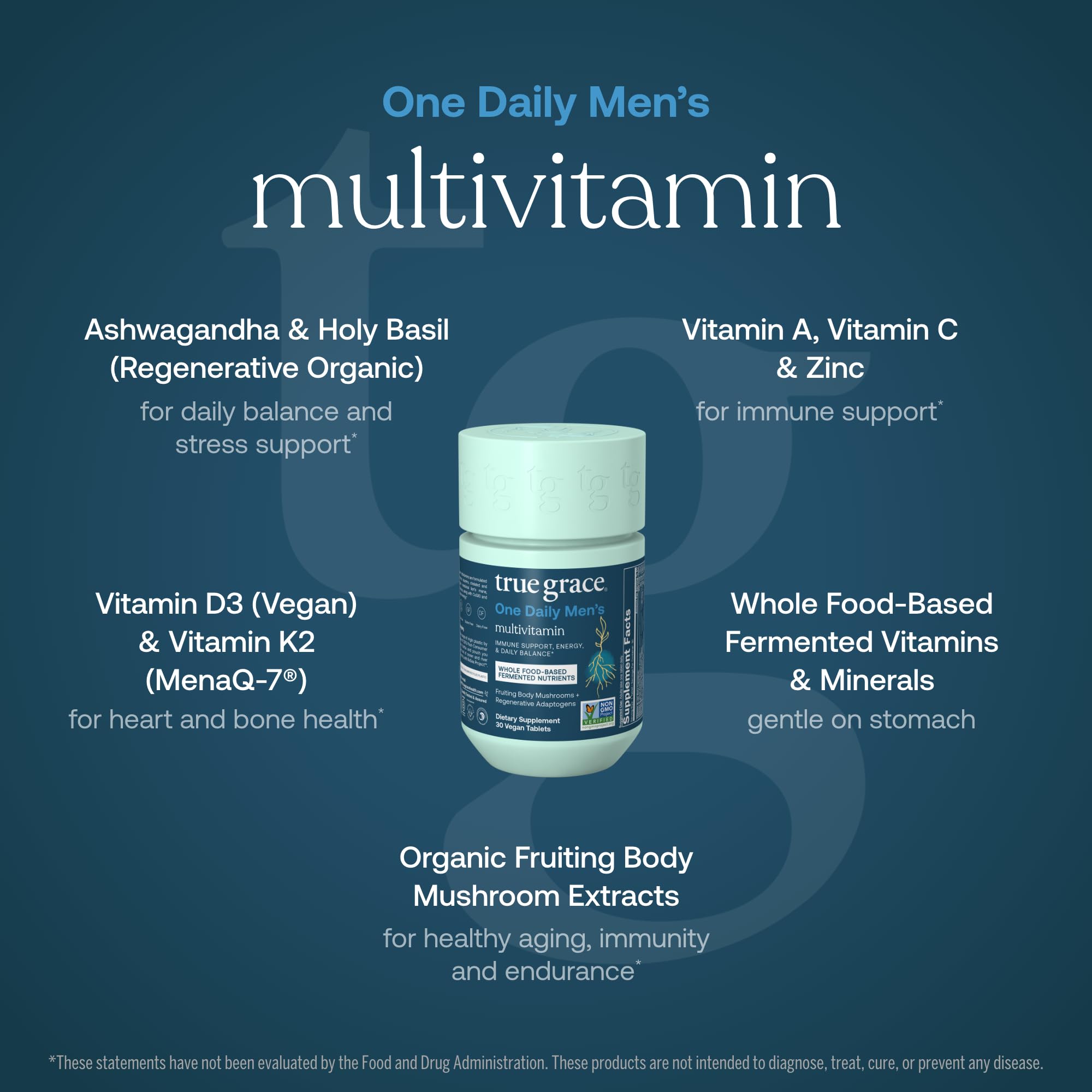 True Grace One Daily Men's Multivitamin - Fermented Minerals, Organic Adaptogens & Mushrooms
