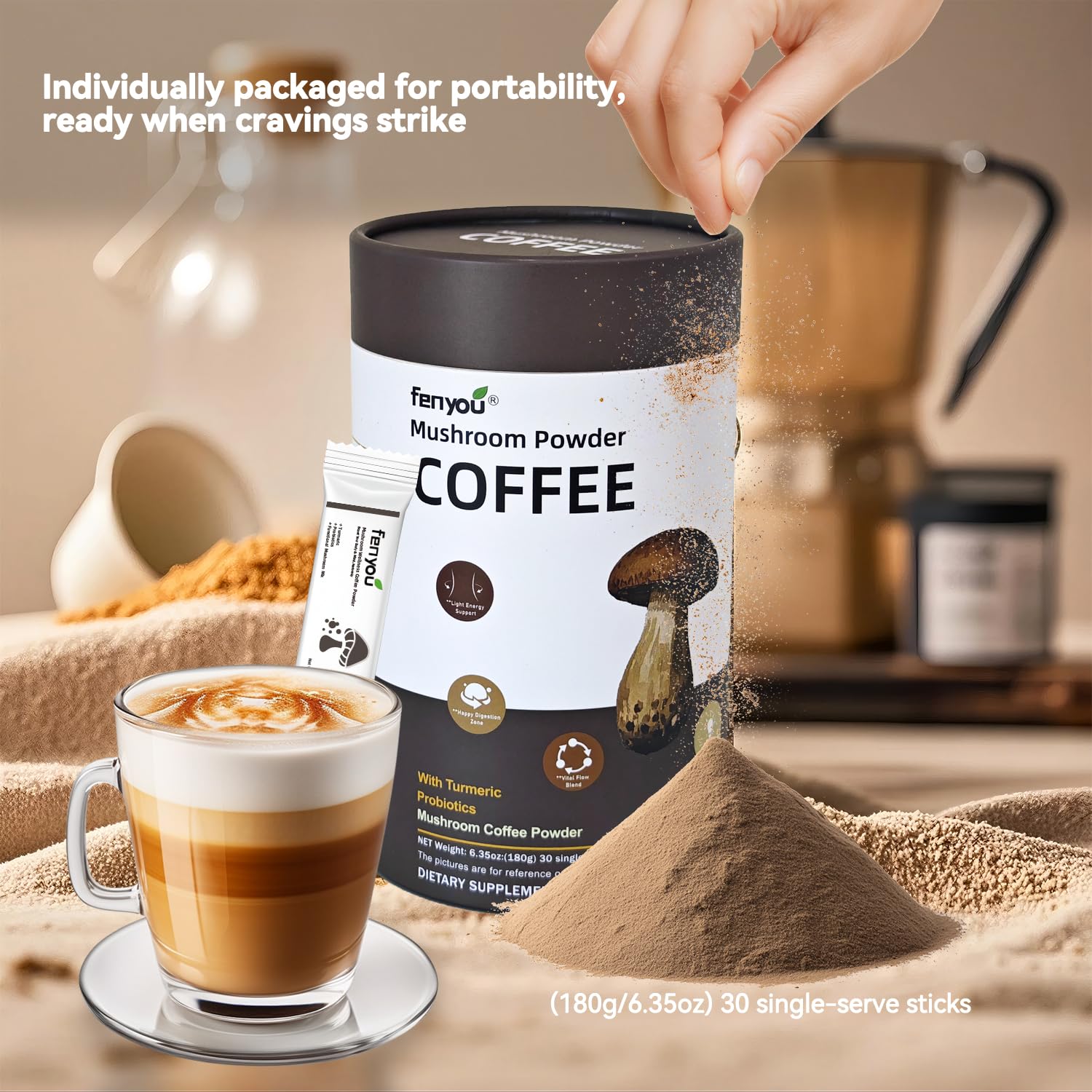Organic Mushroom Coffee with Cordyceps & Turmeric – Gourmet Arabica Instant Coffee, 30 Servings (180g)