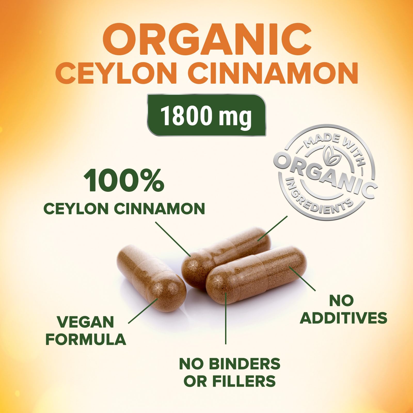Ceylon Cinnamon Capsules 1800mg - Organic, Non-GMO, Gluten Free | 120 Capsules