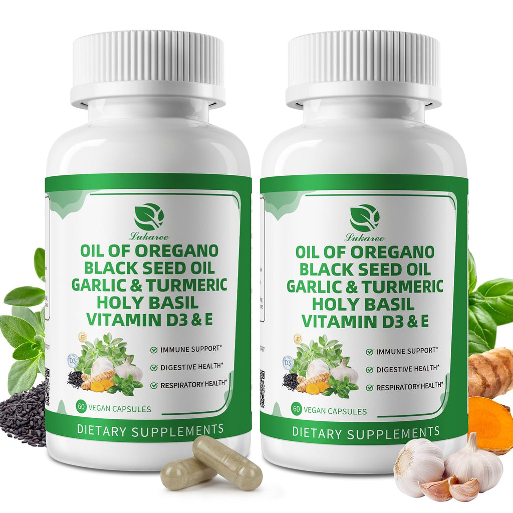 Organic Oil of Oregano Capsules with Black Seed Oil, Garlic, Turmeric, Holy Basil, Vitamin D3, E & Black Pepper – 4 Month Supply (Vegan, Non-GMO)