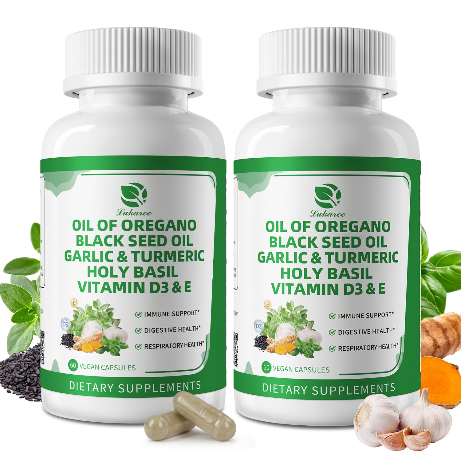 Organic Oil of Oregano Capsules with Black Seed Oil, Garlic, Turmeric, Holy Basil, Vitamin D3, E & Black Pepper – 4 Month Supply (Vegan, Non-GMO)