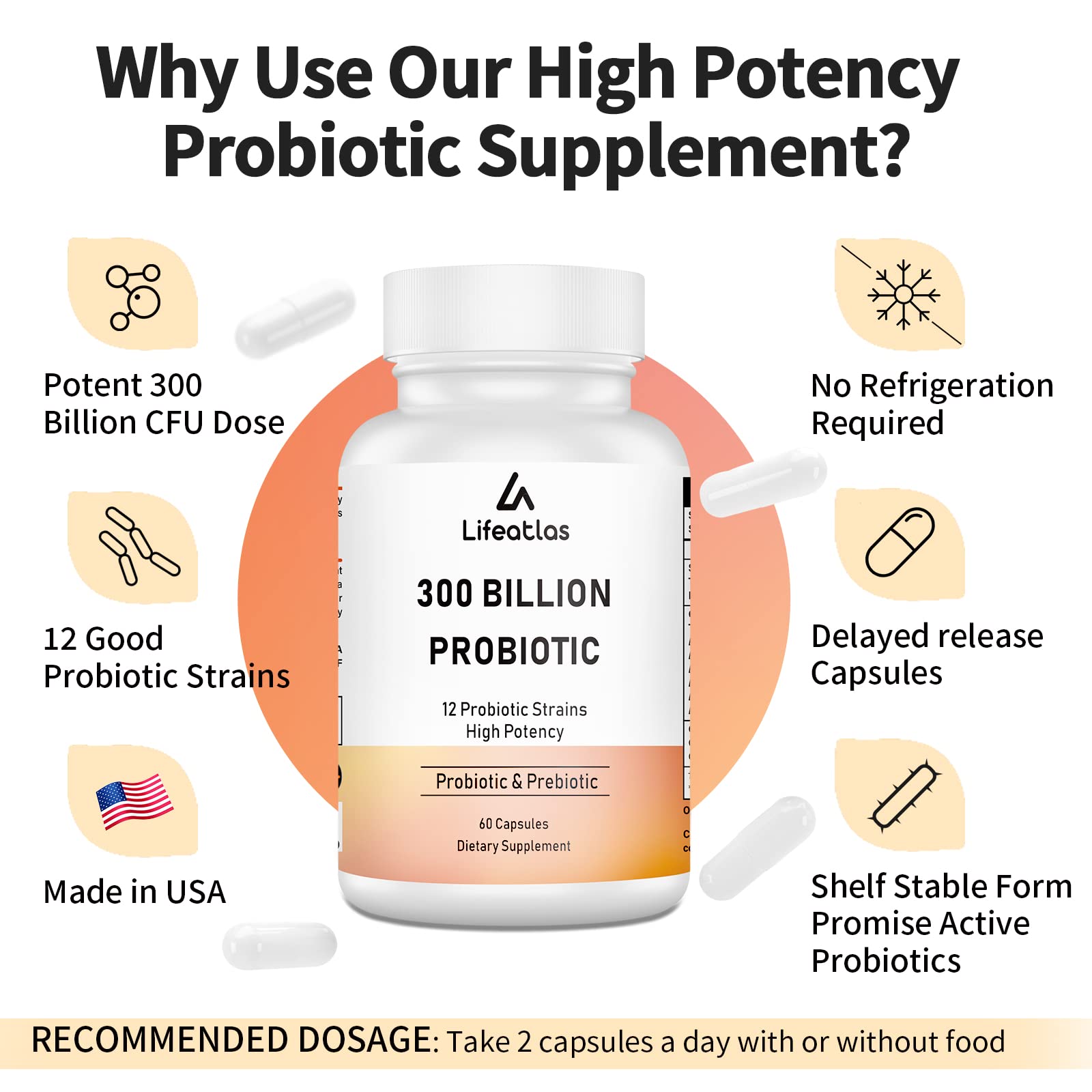 300 Billion CFU Probiotics - Gut Health, 12 Strains + Prebiotic, 60 Caps
