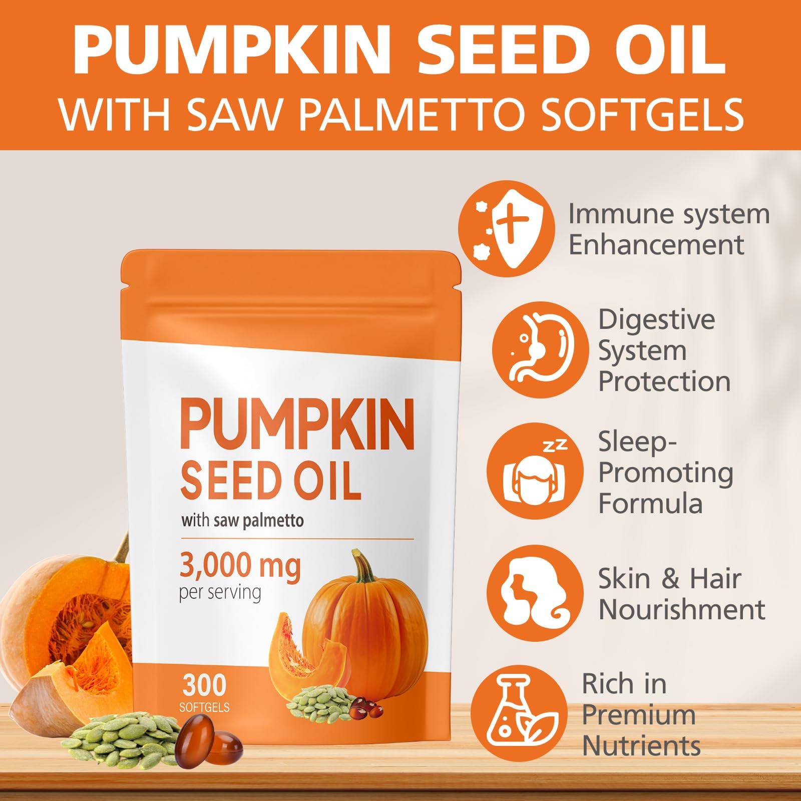 Pumpkin Seed Oil with Saw Palmetto Capsules - Organic Pumpkin Seeds Oil Supplement - Cold Pressed, Pure Virgin Oil - Supports Hair, Urinary, Bladder & Prostate Health, Vegan, Non-GMO, 300 Softgels