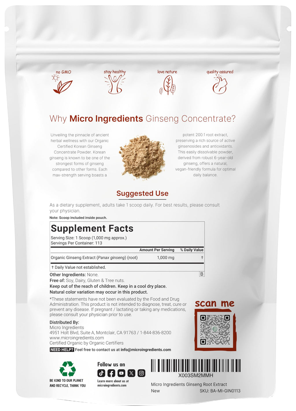 Micro Ingredients Organic Korean Ginseng Powder 200:1 - 4 oz | Red Panax Ginseng, High Ginsenosides