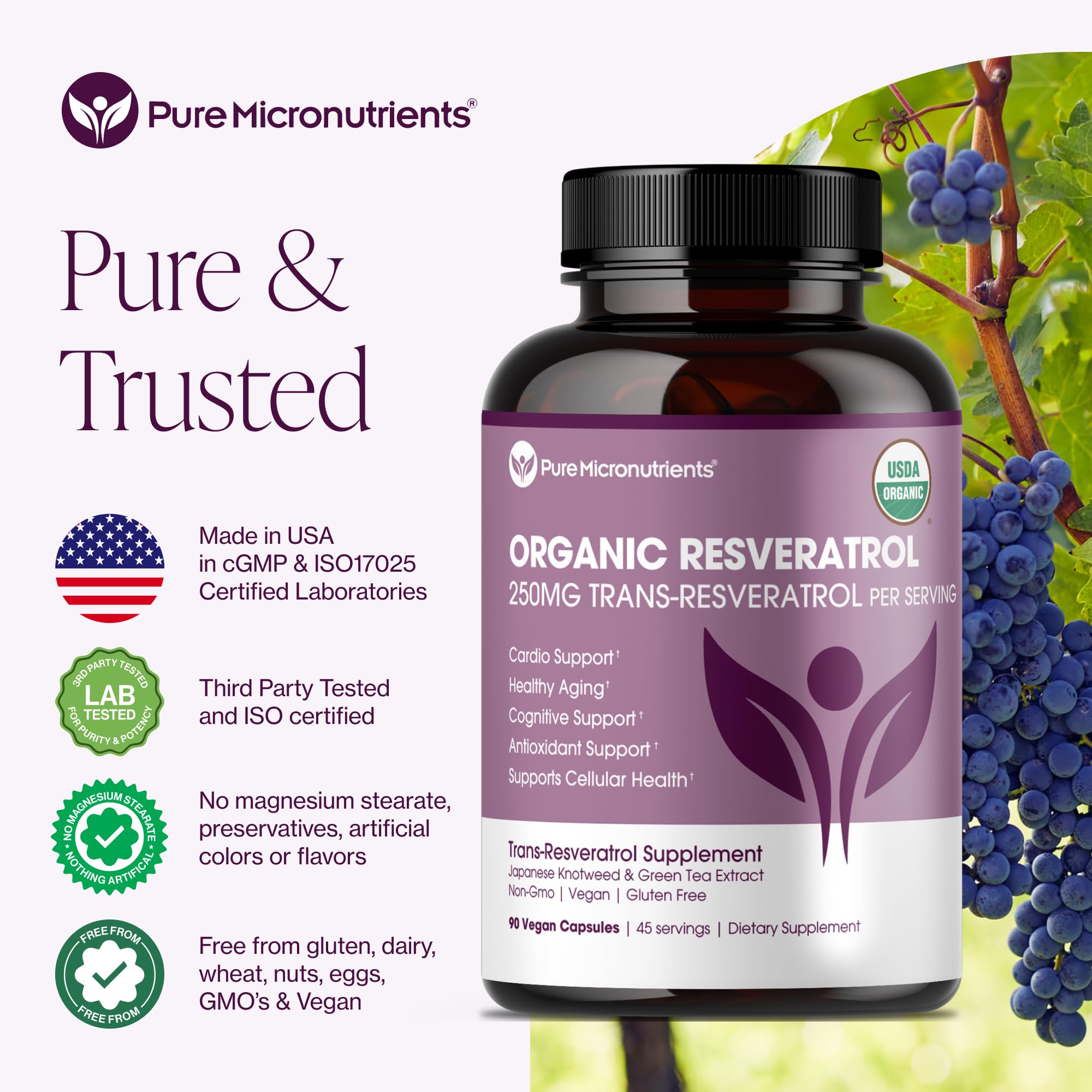 Organic Resveratrol Supplement – Trans-Resveratrol Capsules with Green Tea – Highly Purified & Bioavailable - 90 Vegan Caps
